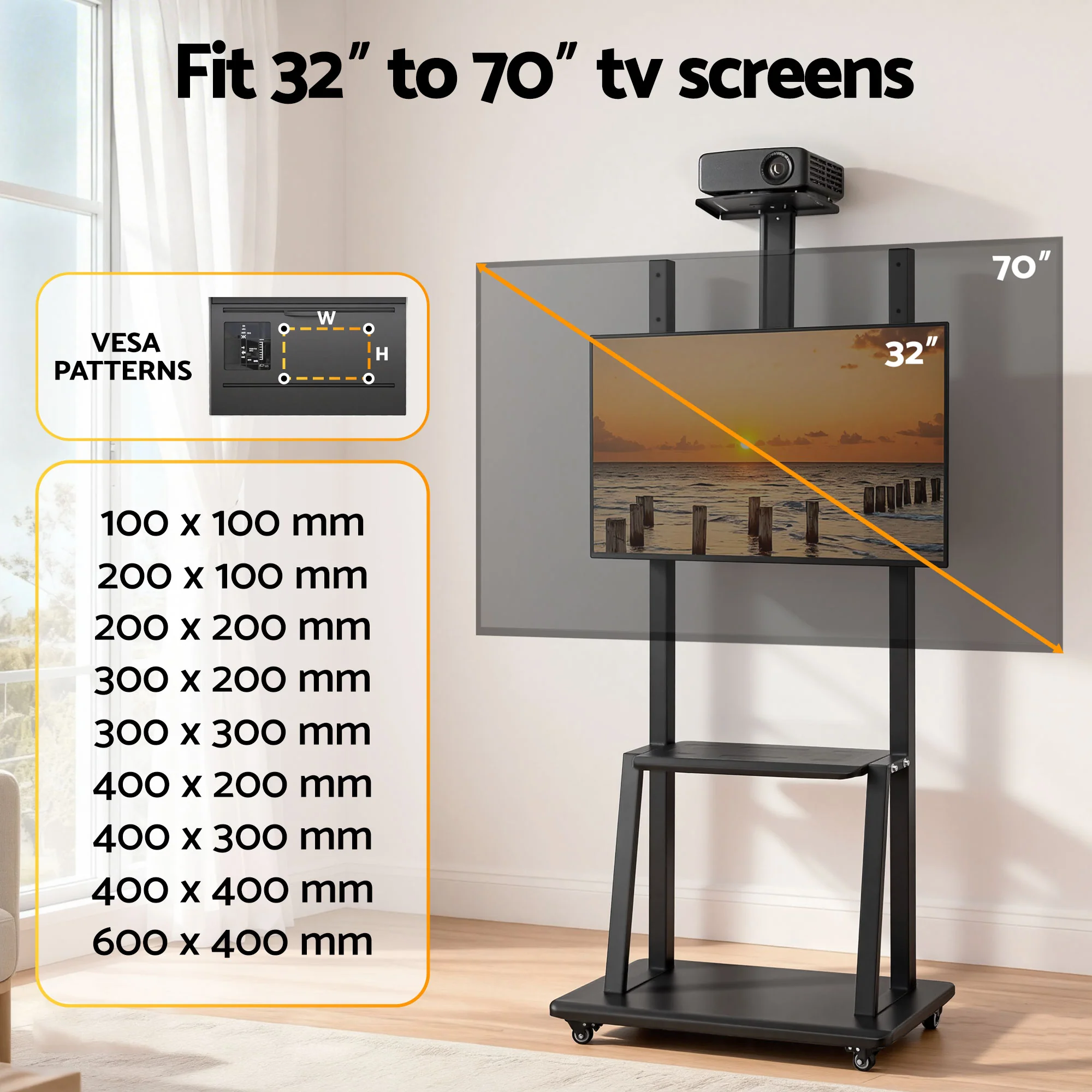 Artiss TV Stand  32-70 Universal Mobile Adjustable Height TV Stand with Wheels - Image 5