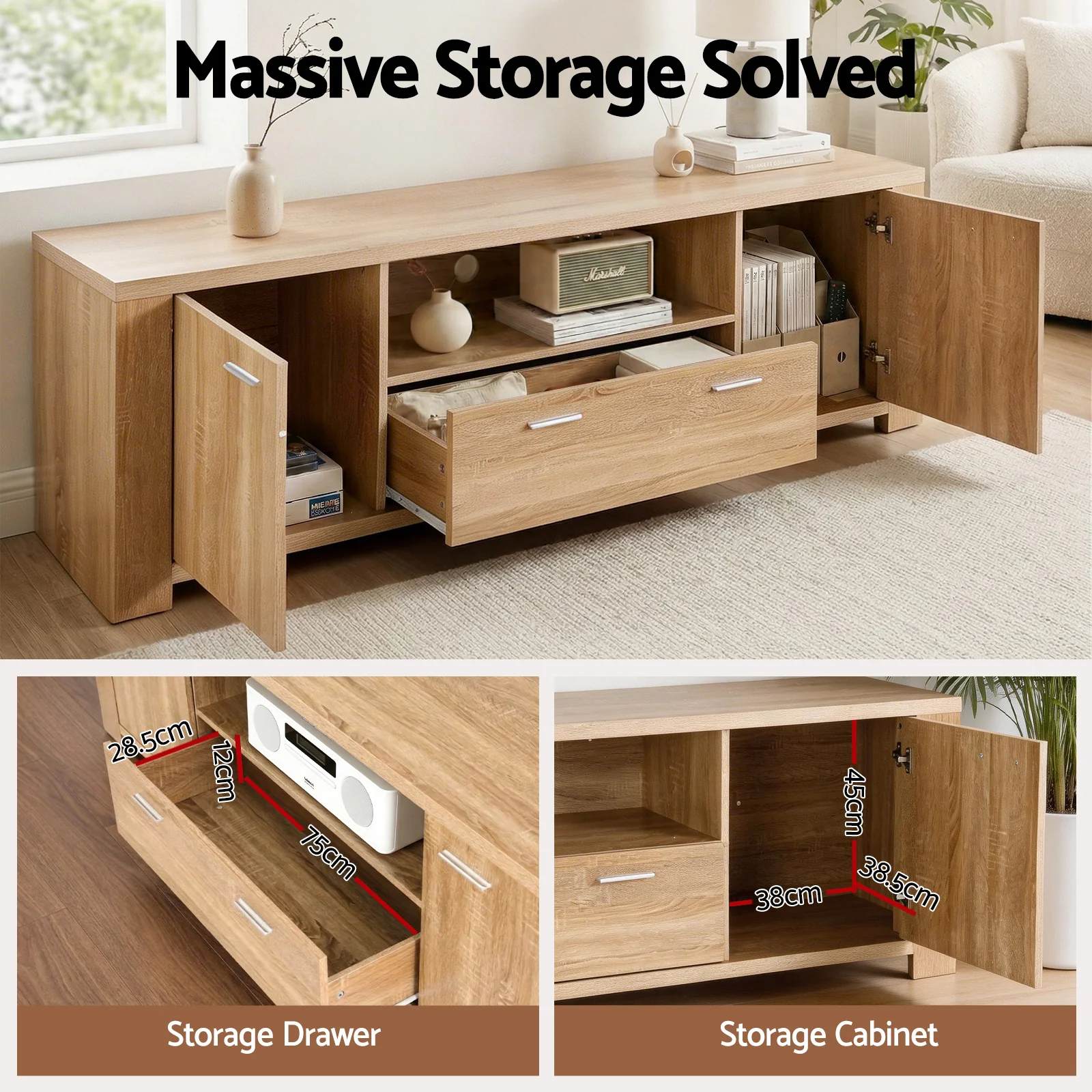 Artiss TV Unit & Coffee Table Set Storage Drawer Pine - Image 5