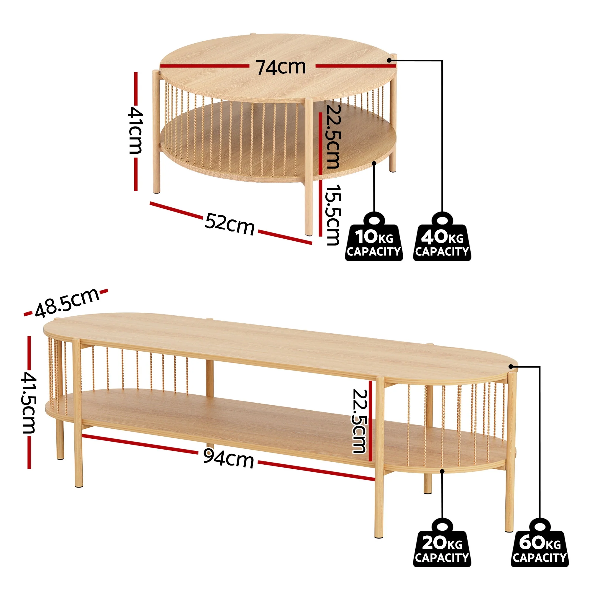 Artiss TV Unit & Coffee Table Set Storage Shelf Pine - Image 3
