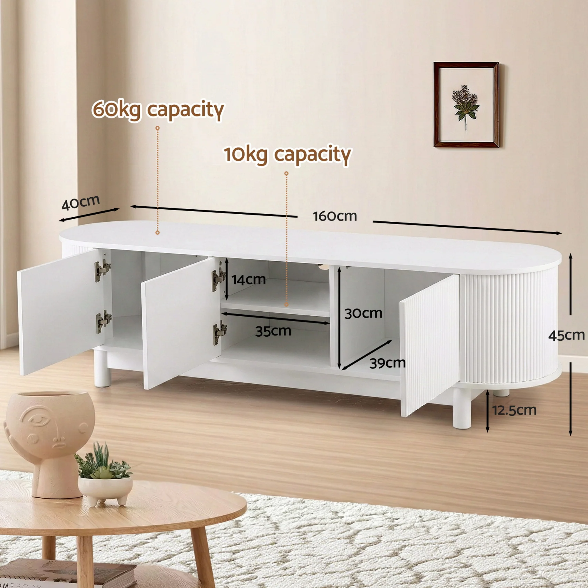 Artiss TV Unit, TV Cabinet with Storage Cabinet,160cm Entertainment Unit with Solid Wood Legs, Home Furniture for Living Room, Bedroom, Study Room, Backyard White - Image 3