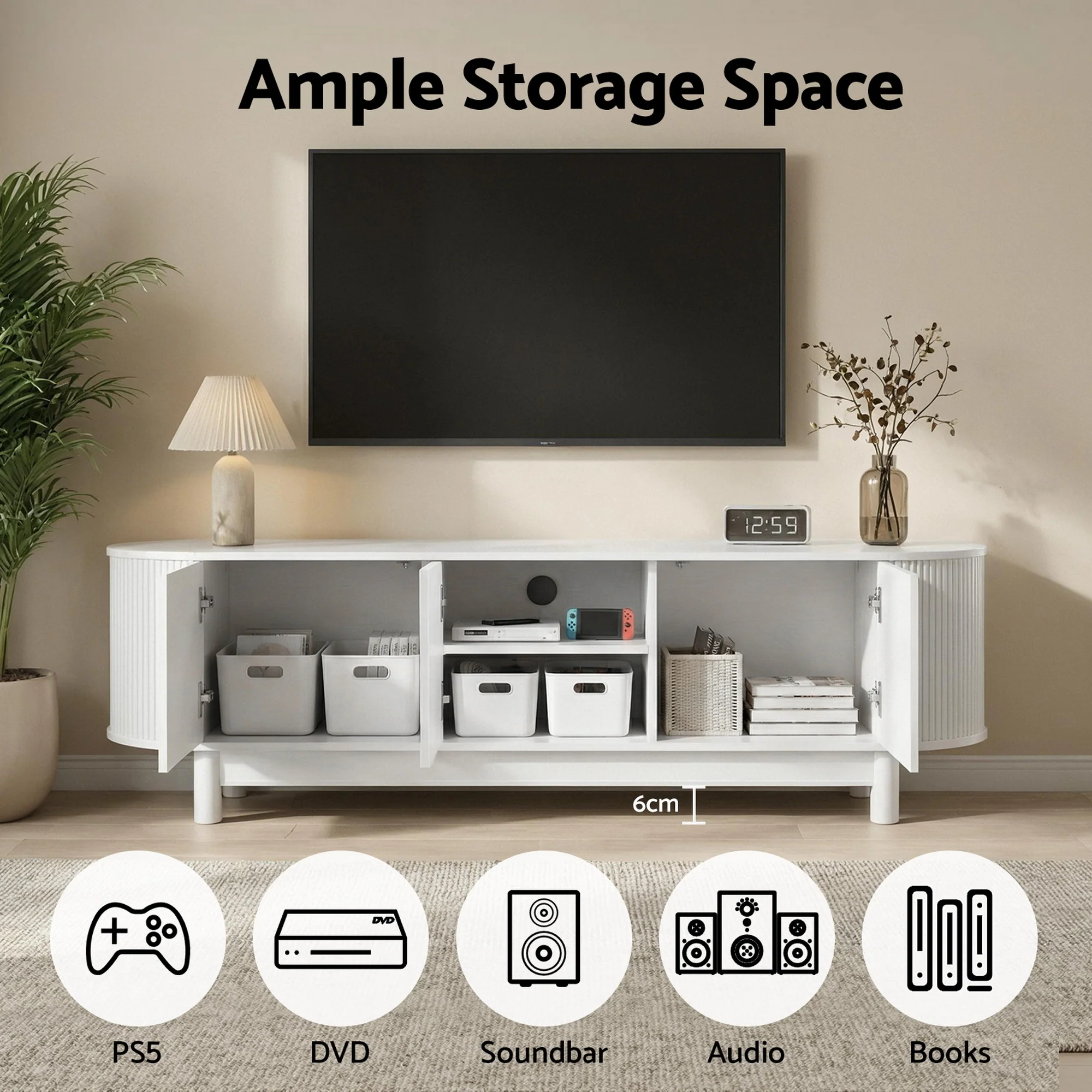 Artiss TV Unit, TV Cabinet with Storage Cabinet,160cm Entertainment Unit with Solid Wood Legs, Home Furniture for Living Room, Bedroom, Study Room, Backyard White - Image 4