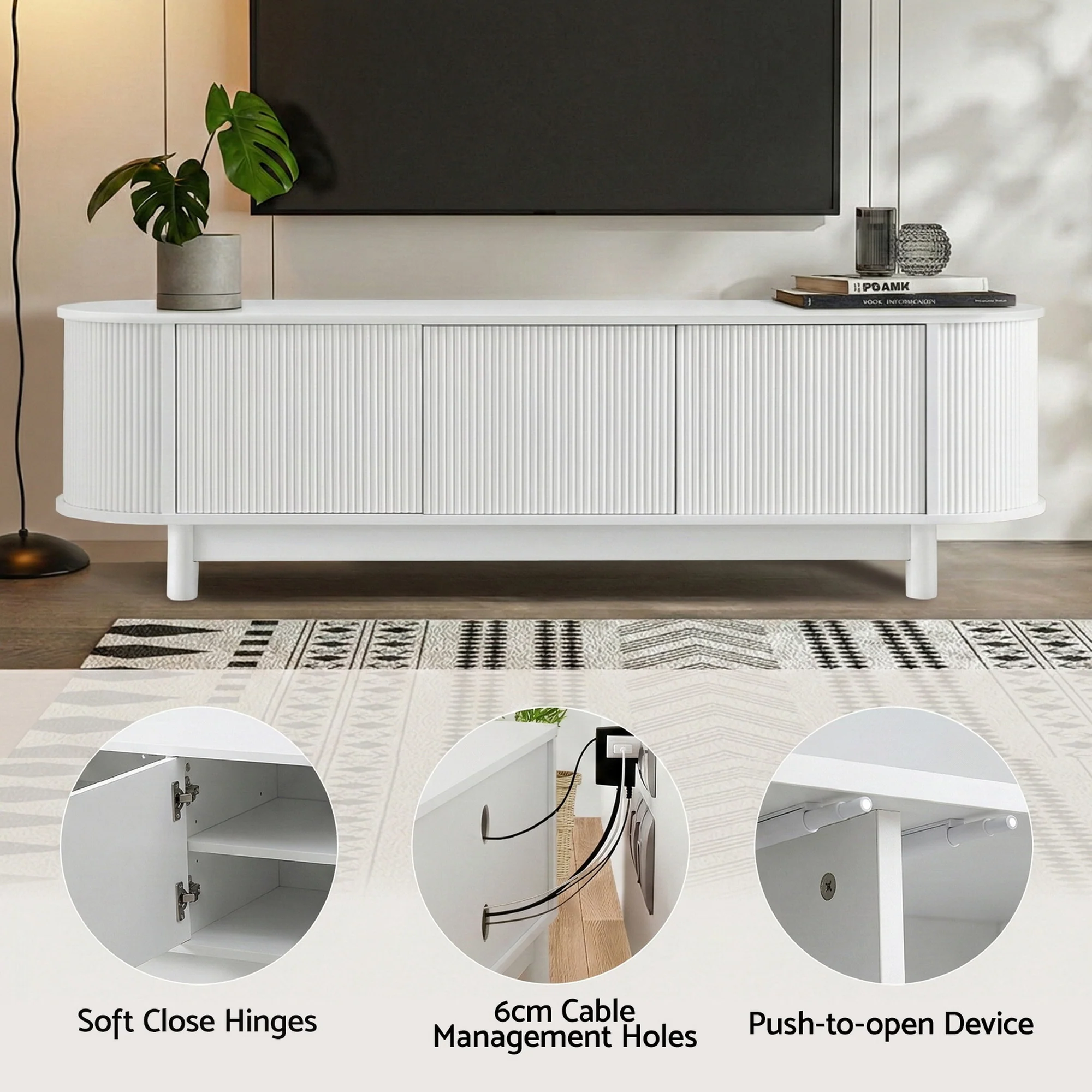 Artiss TV Unit, TV Cabinet with Storage Cabinet,160cm Entertainment Unit with Solid Wood Legs, Home Furniture for Living Room, Bedroom, Study Room, Backyard White - Image 6