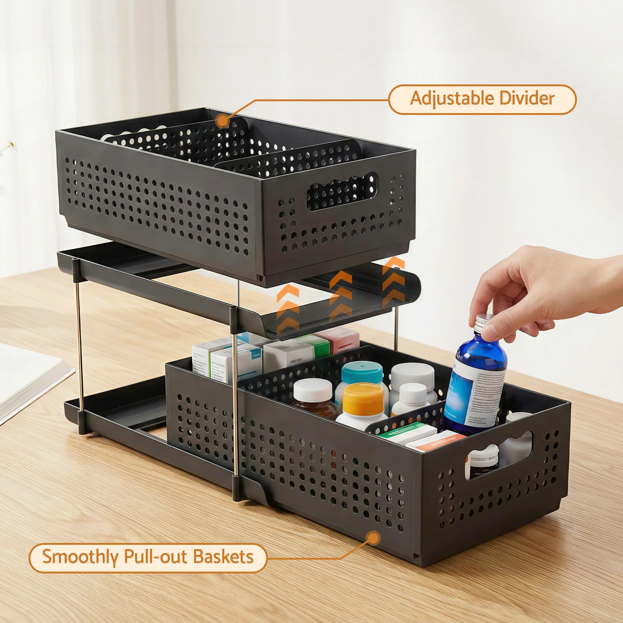 Artiss Under Sink Organizer 2 Tier Pull Out Drawer with Removable Baskets & Divider - Image 5