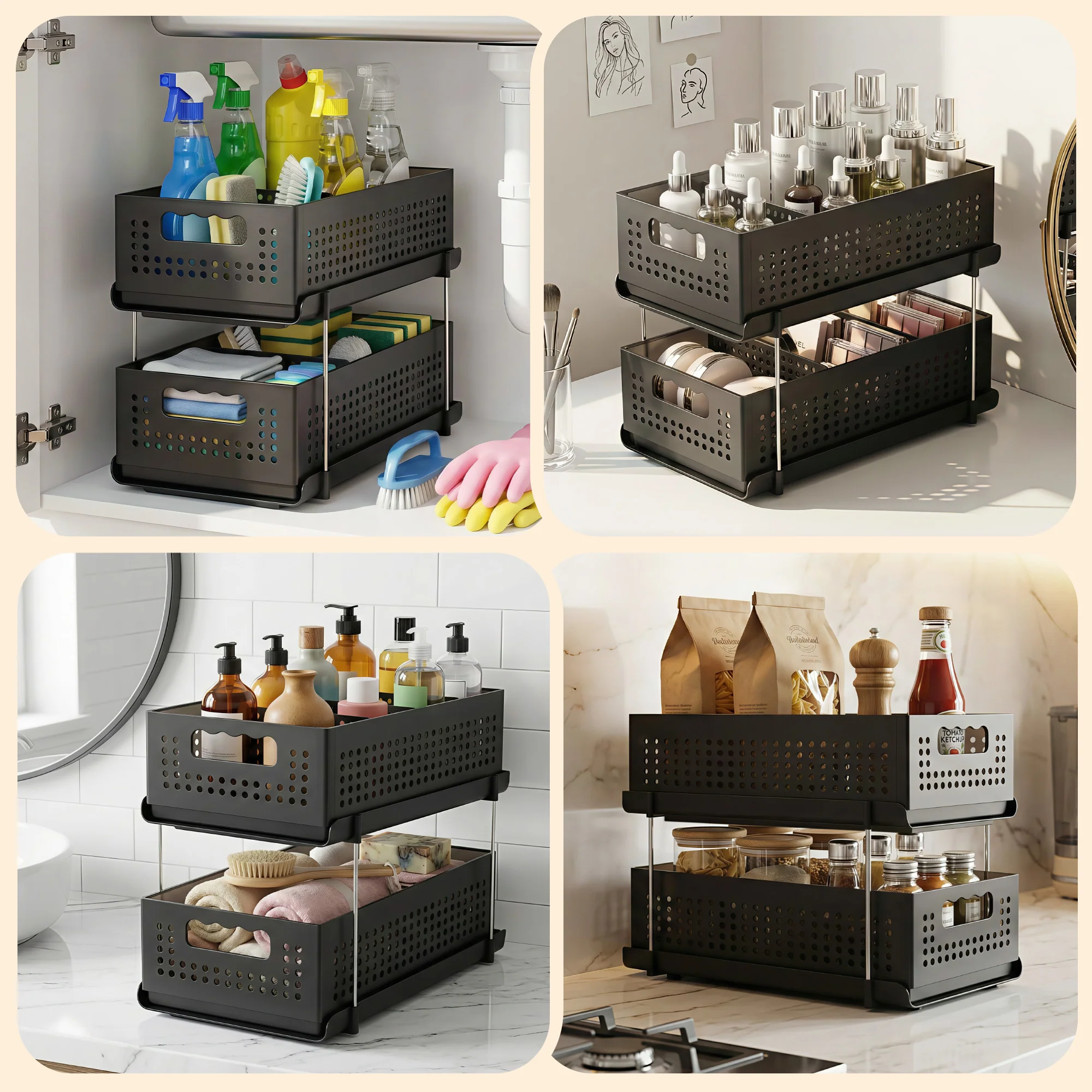 Artiss Under Sink Organizer 2 Tier Pull Out Drawer with Removable Baskets & Divider - Image 7