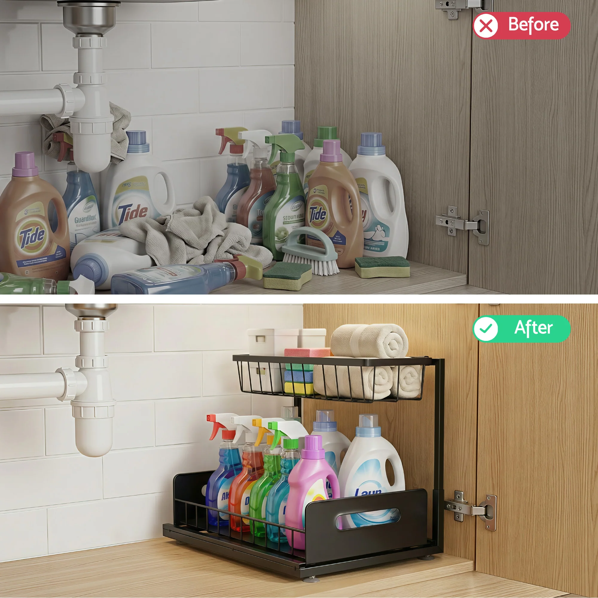 Artiss Under Sink Organizer Storage L Shape 1 Pull Out Drawers Kitchen Cabinet Shelf - Image 6