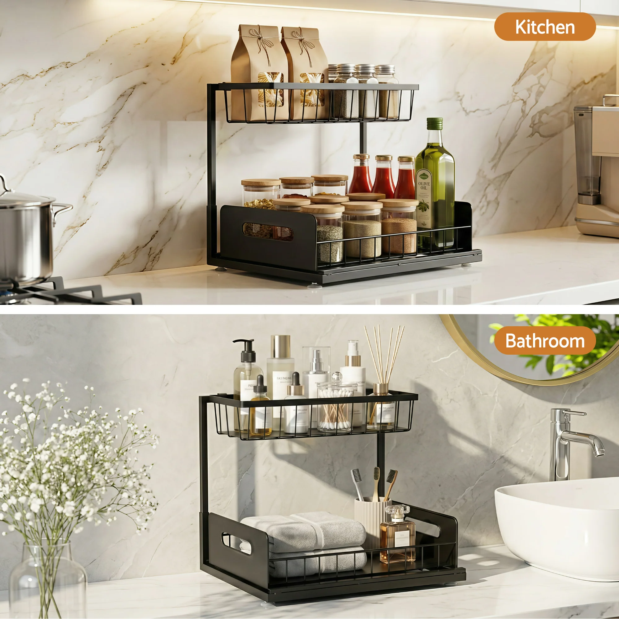 Artiss Under Sink Organizer Storage L Shape 1 Pull Out Drawers Kitchen Cabinet Shelf - Image 7