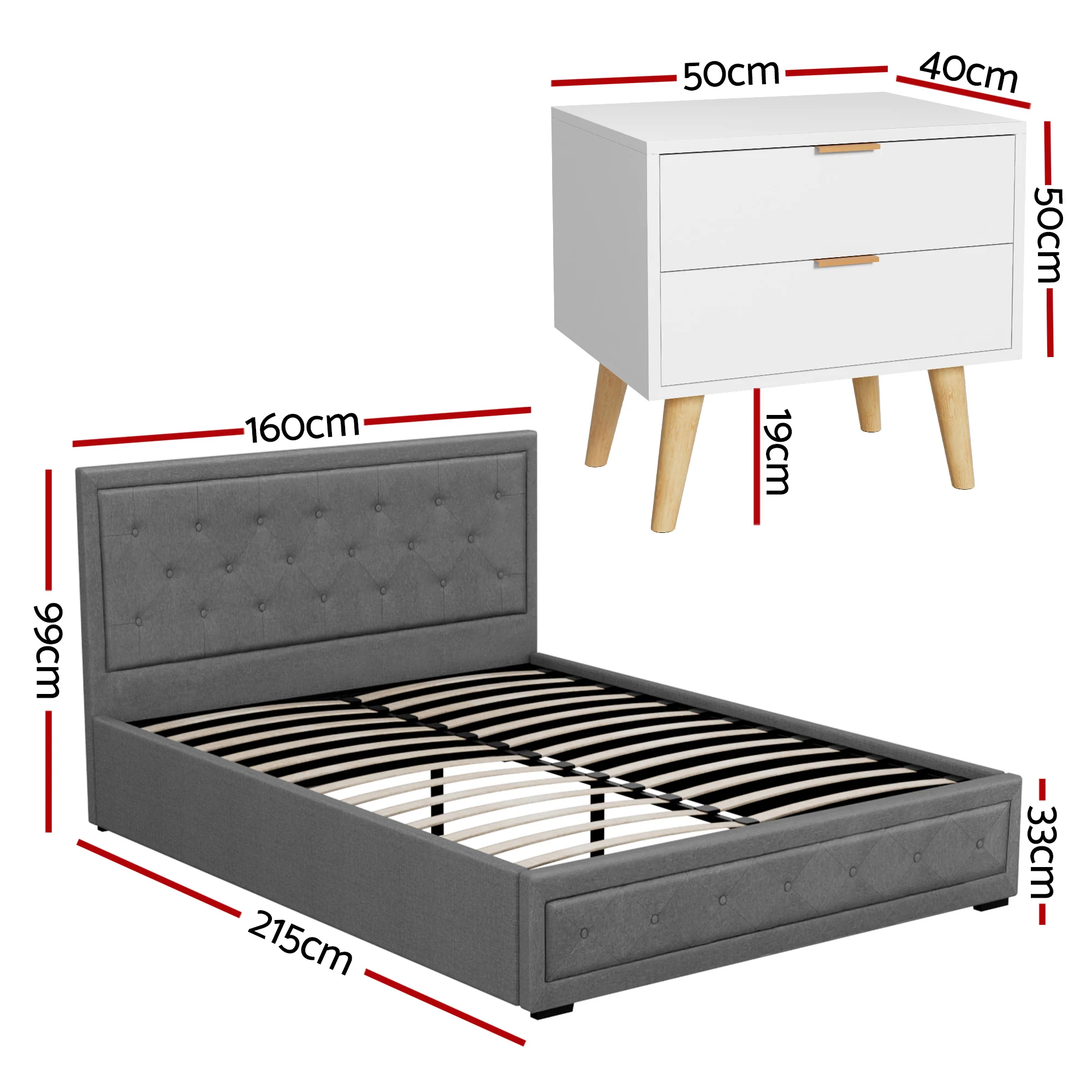 Artiss Upholstered Queen Gas Lift Storage Bed Frame with 2-Drawer Bedside Table Set - Image 3