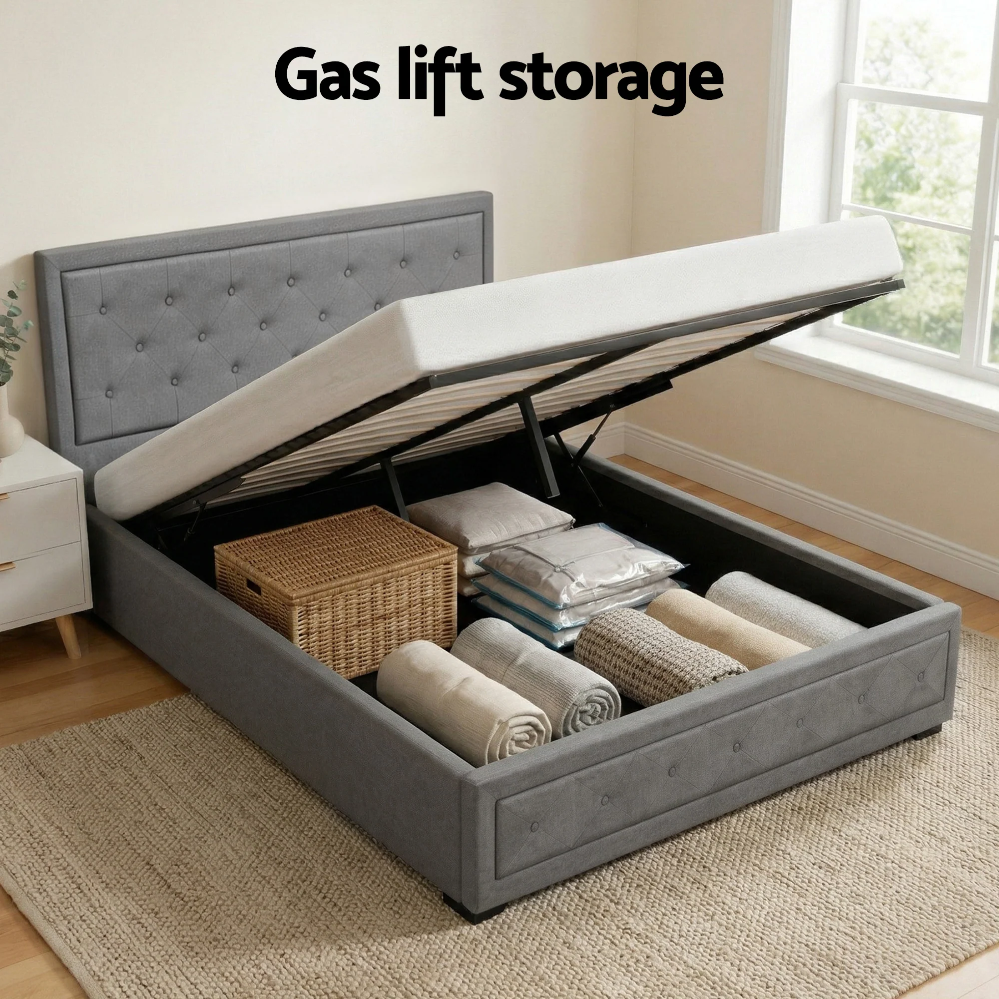 Artiss Upholstered Queen Gas Lift Storage Bed Frame with 2-Drawer Bedside Table Set - Image 5
