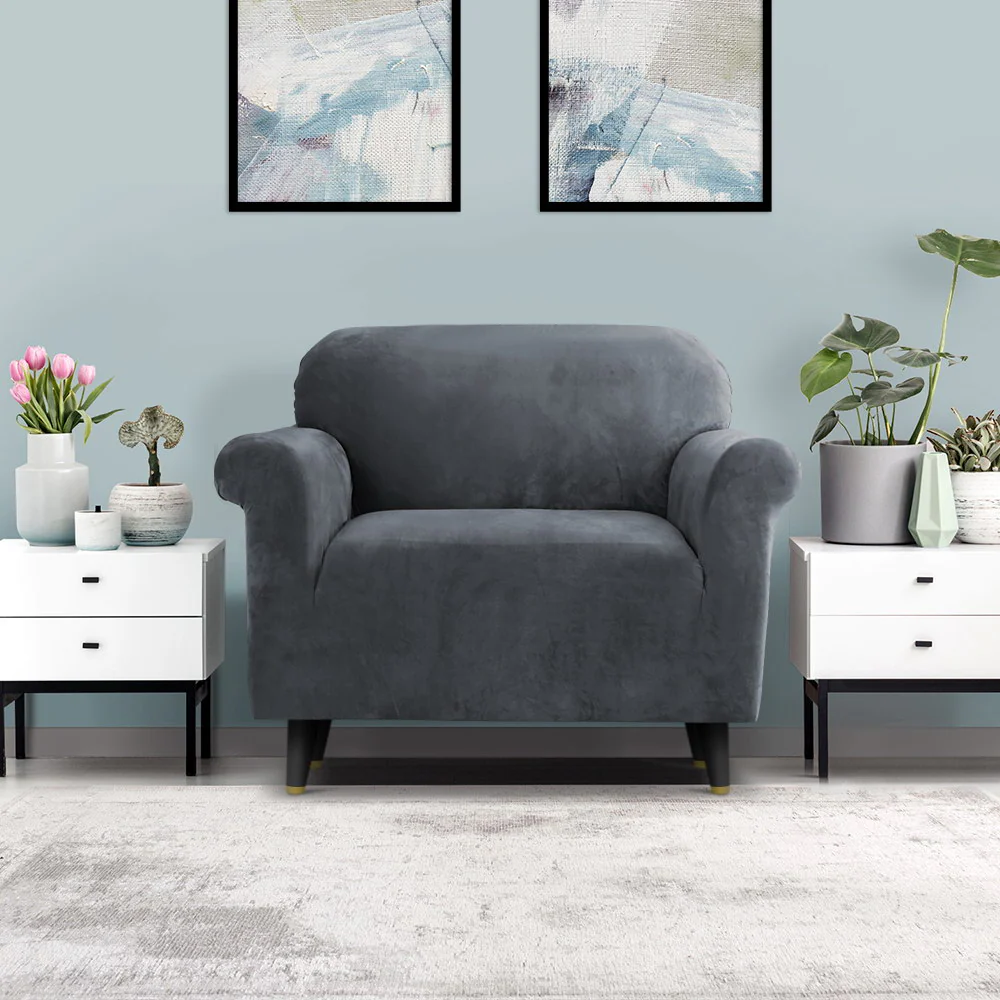 Artiss Sofa Cover Couch Covers 1 Seater Velvet Grey - Image 8