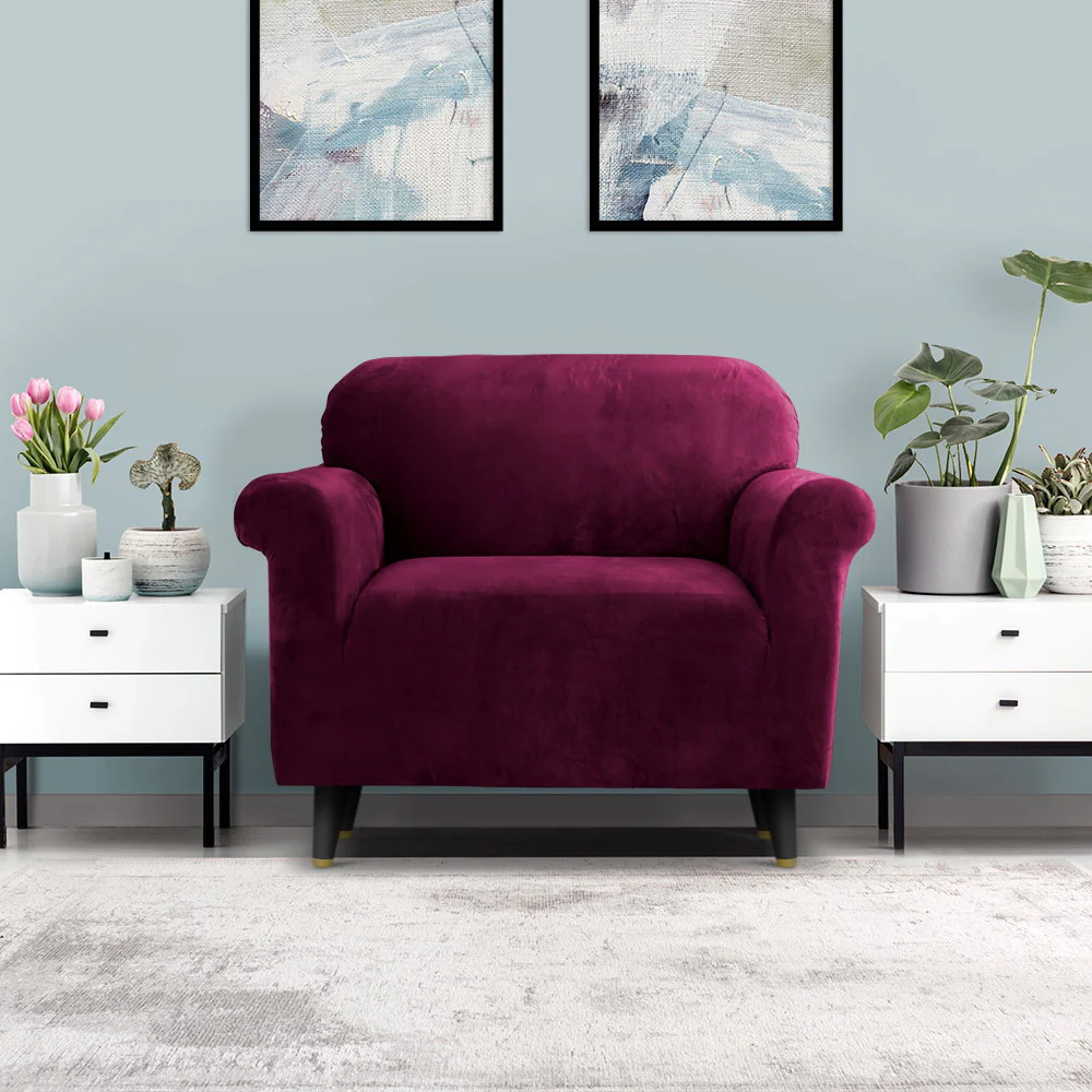 Artiss Sofa Cover Couch Covers 1 Seater Velvet Ruby Red - Image 8