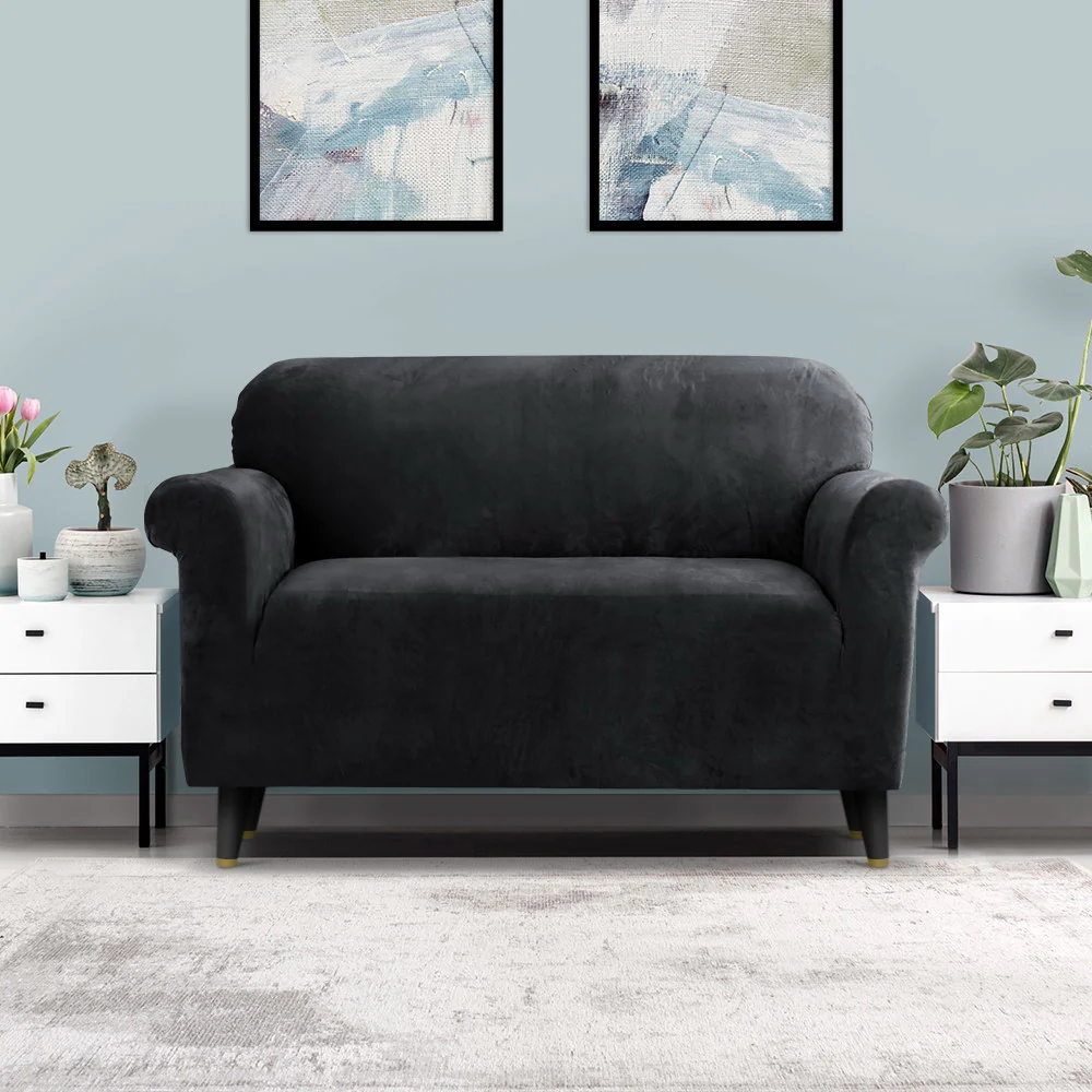 Artiss Sofa Cover Couch Covers 2 Seater Velvet Black - Image 8