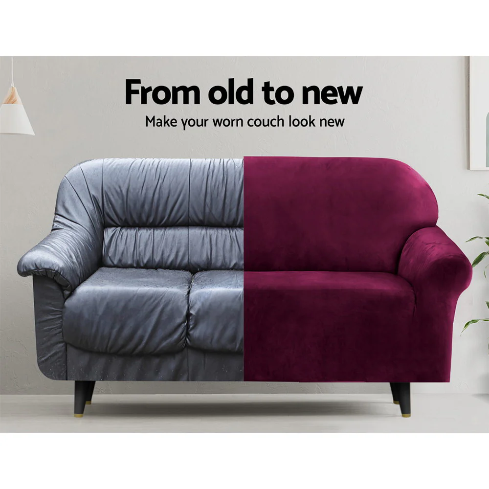 Artiss Sofa Cover Couch Covers 2 Seater Velvet Ruby Red - Image 4