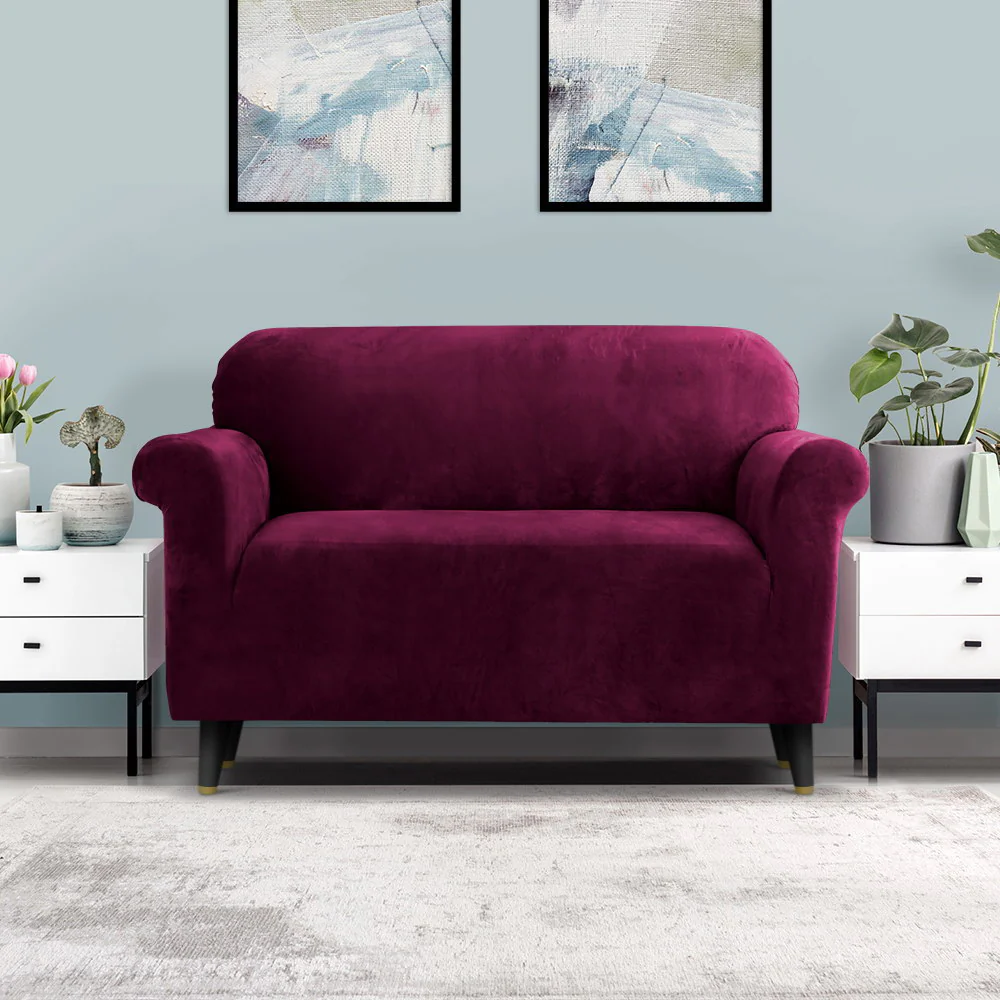 Artiss Sofa Cover Couch Covers 2 Seater Velvet Ruby Red - Image 8