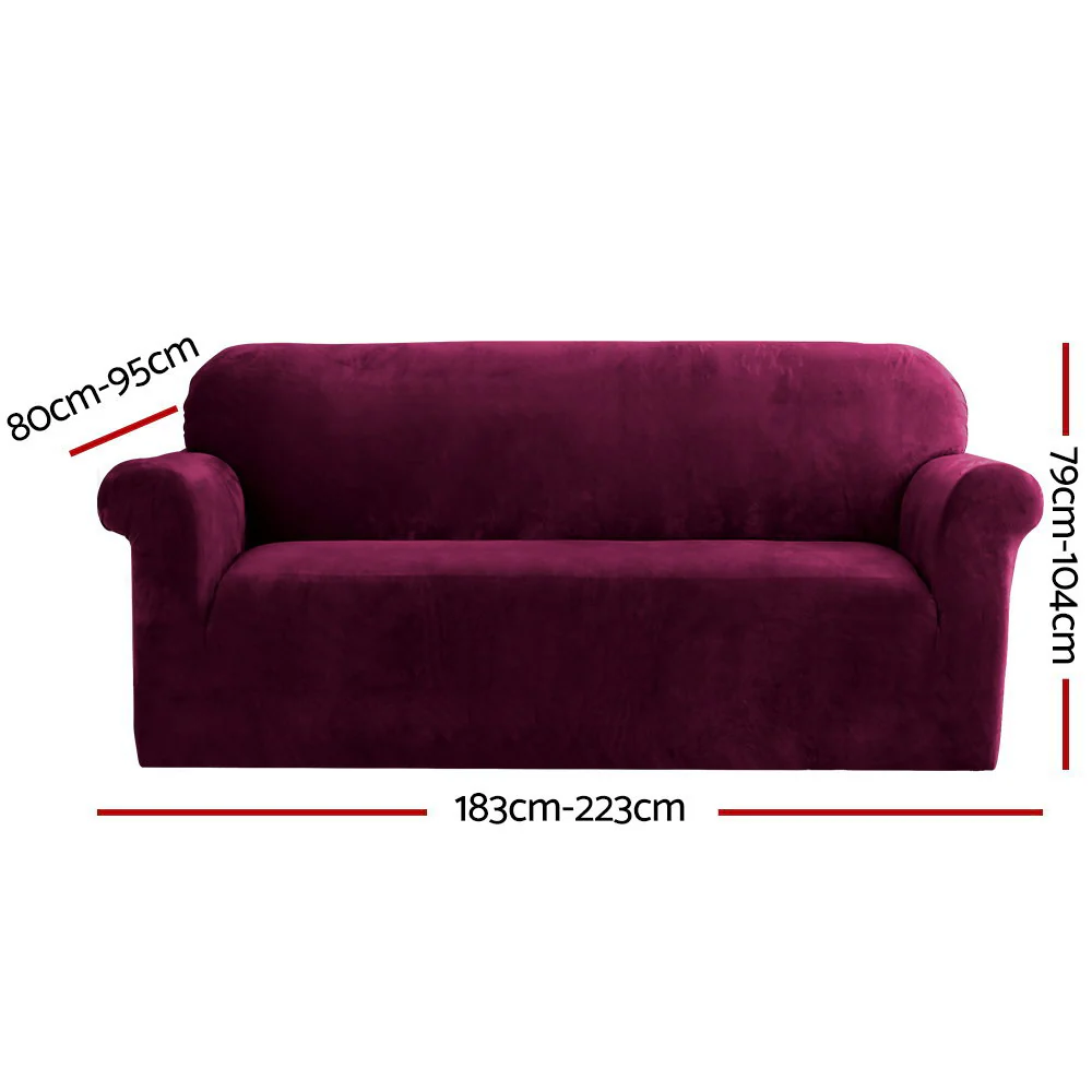 Artiss Sofa Cover Couch Covers 3 Seater Velvet Ruby Red - Image 2
