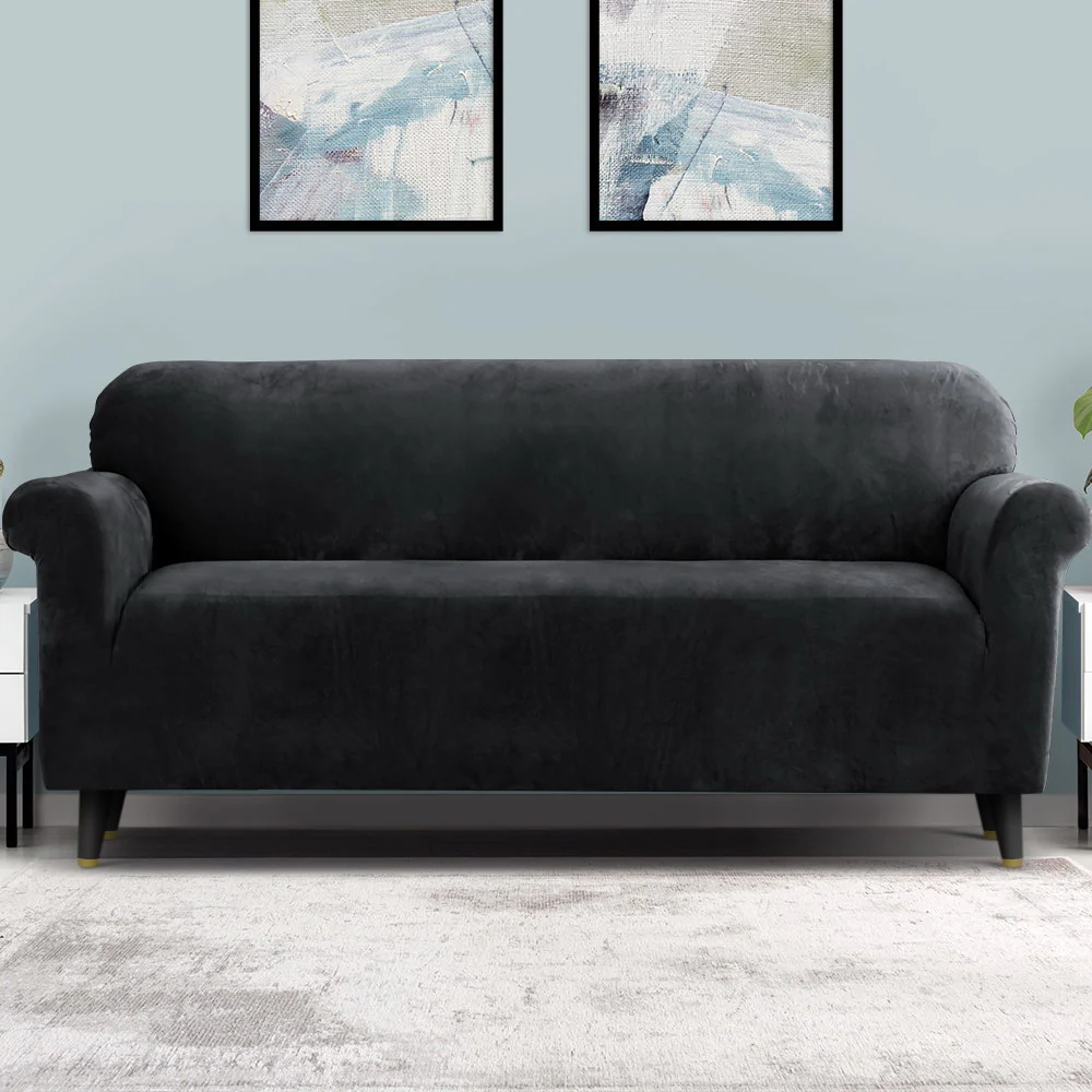 Artiss Sofa Cover Couch Covers 4 Seater Velvet Black - Image 8