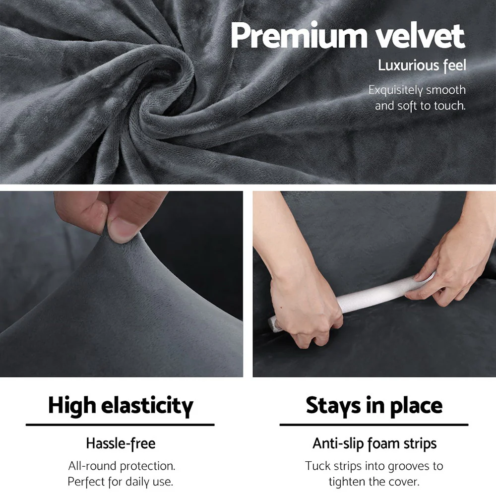 Artiss Sofa Cover Couch Covers 4 Seater Velvet Grey - Image 3