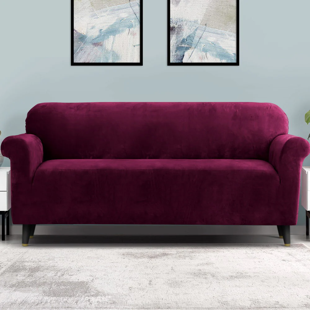 Artiss Sofa Cover Couch Covers 4 Seater Velvet Ruby Red - Image 8
