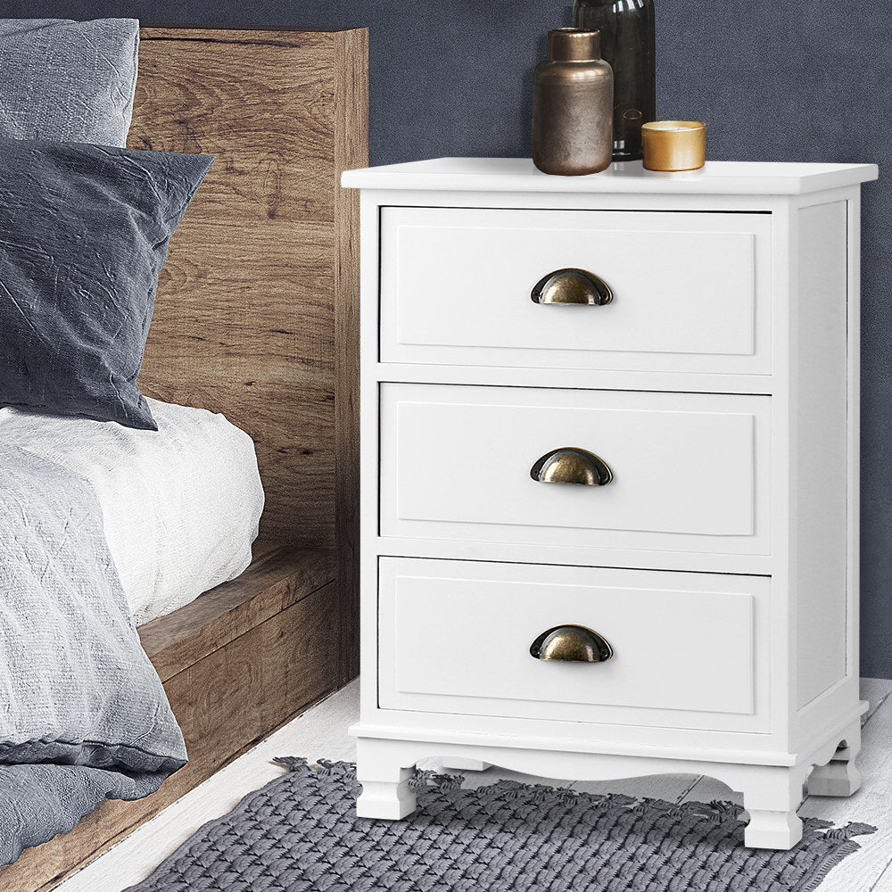 Artiss Bedside Table 3 Drawers Vintage - THYME White - Image 2