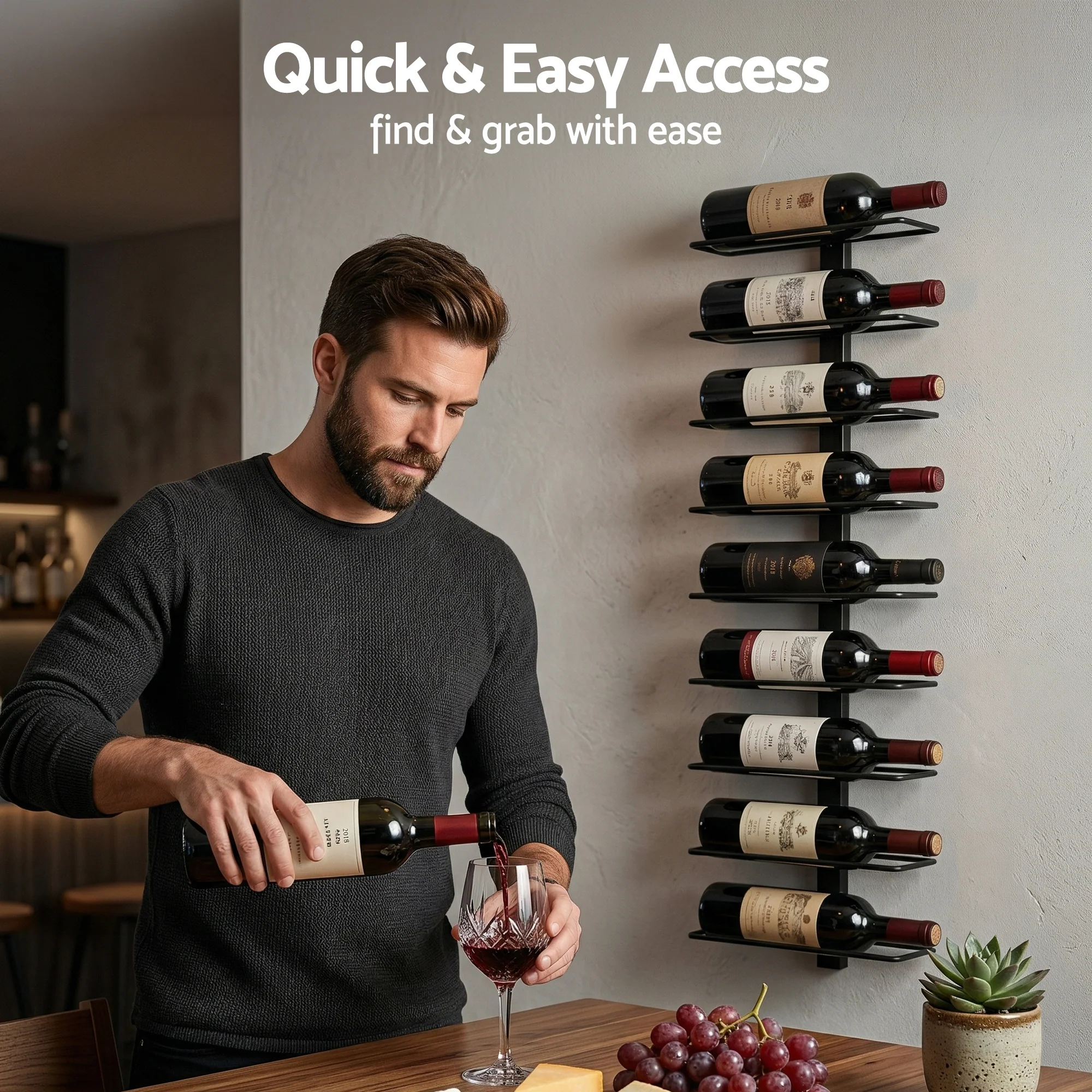 Artiss Wall Mounted Wine Rack 9 Bottles Display Storage Organizer Metal Black - Image 6