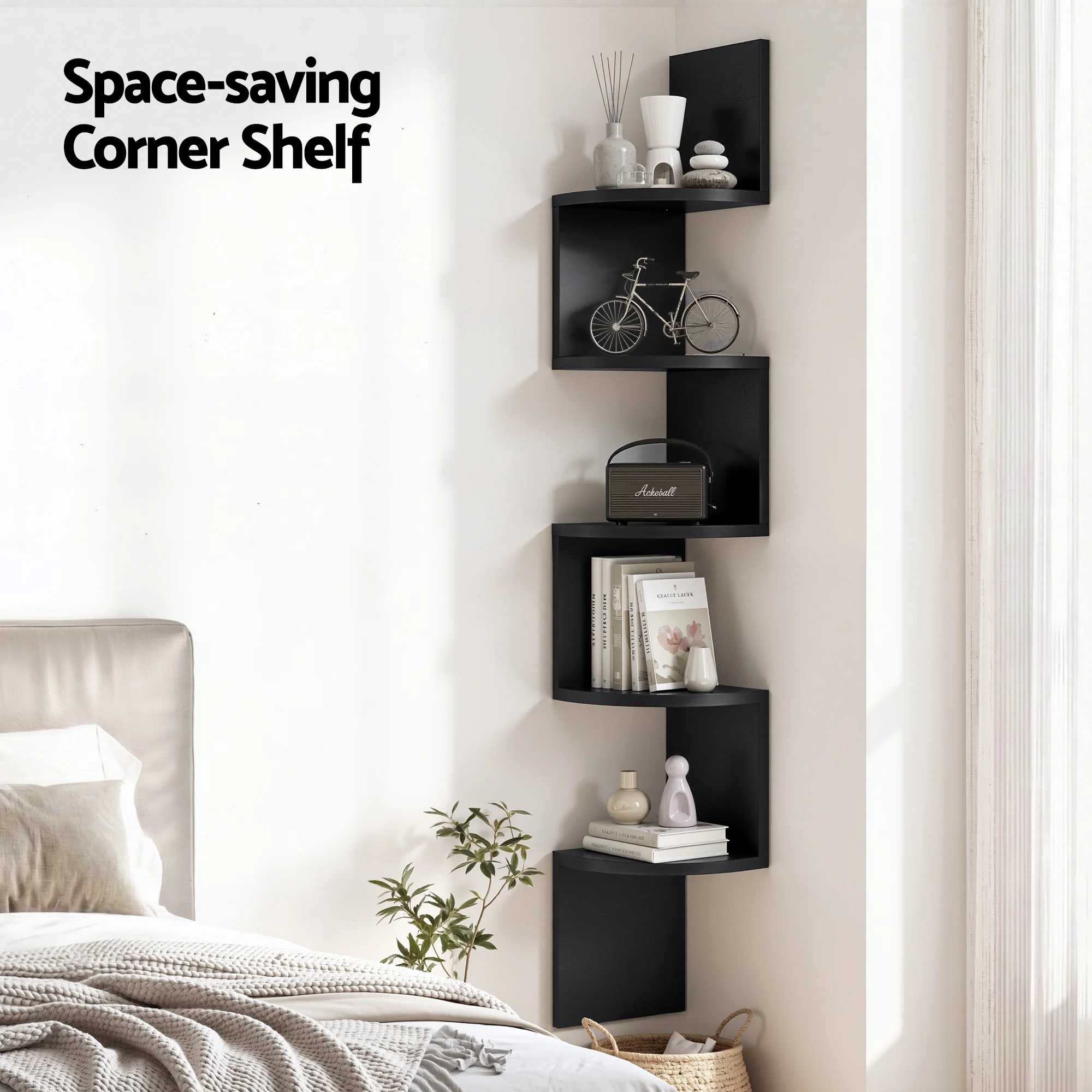 Artiss Wall Shelf Bookshelf Corner Floating 5-Tier Black - Image 4