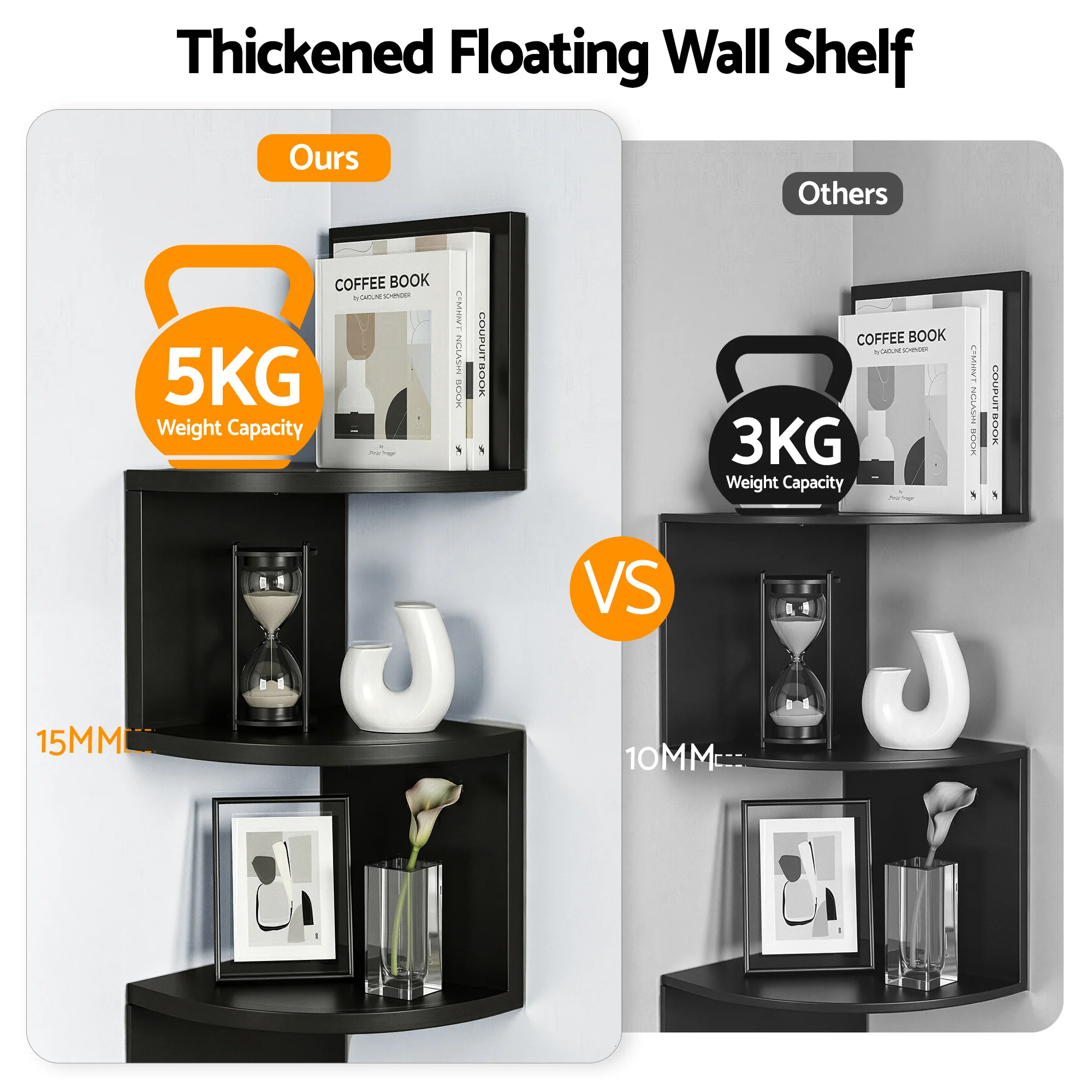 Artiss Wall Shelf Bookshelf Corner Floating 5-Tier Black - Image 5