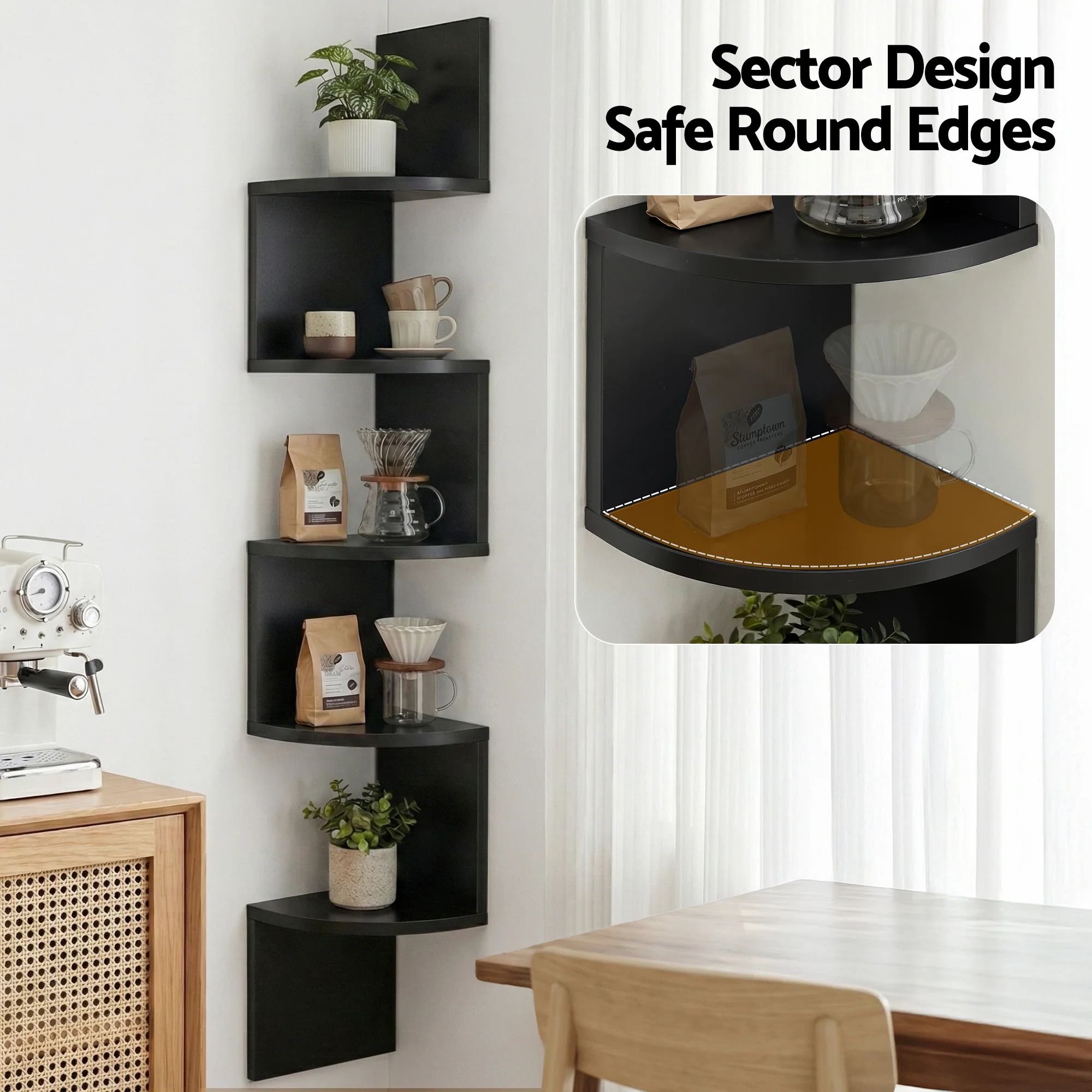 Artiss Wall Shelf Bookshelf Corner Floating 5-Tier Black - Image 6
