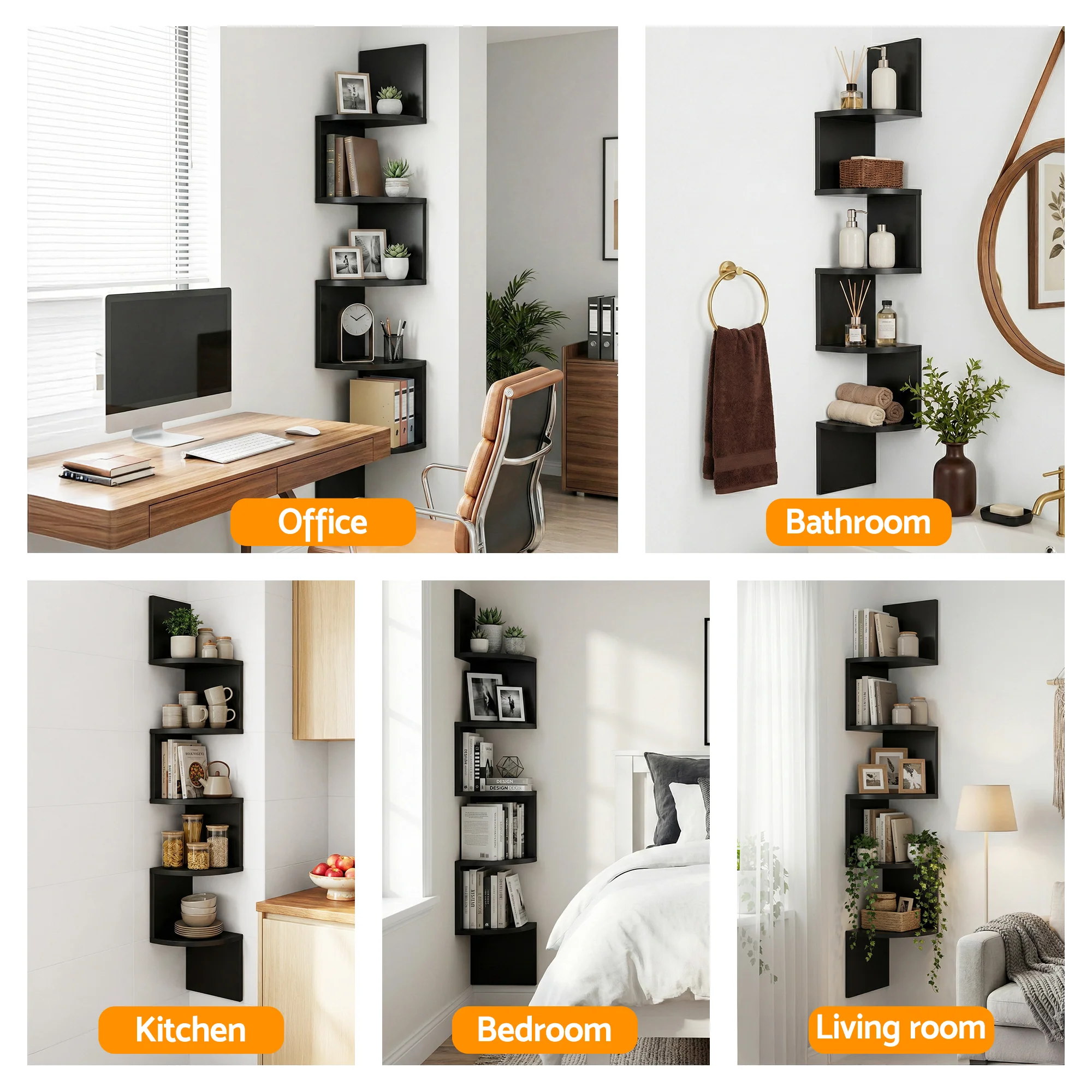 Artiss Wall Shelf Bookshelf Corner Floating 5-Tier Black - Image 7