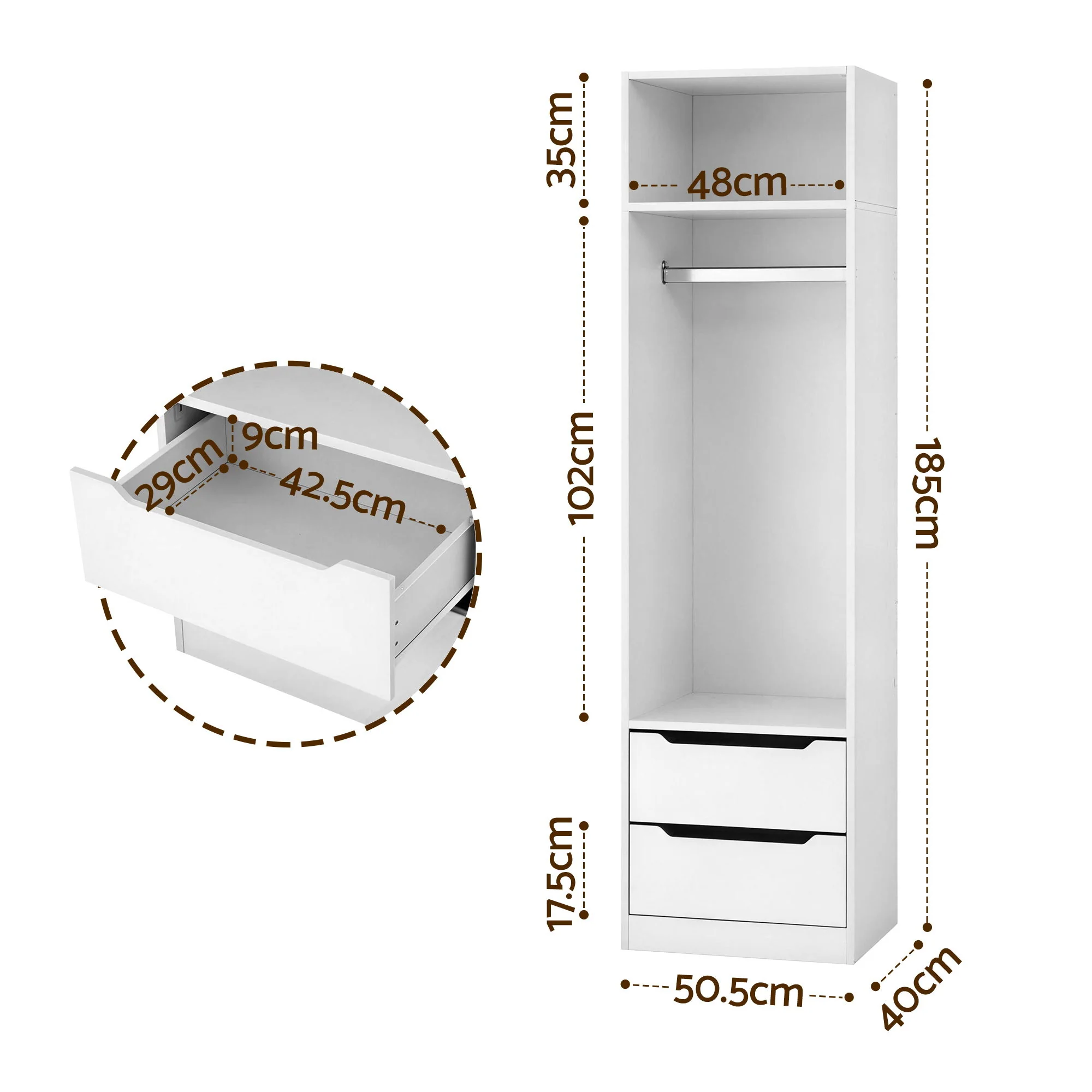 Artiss Wardrobe Cabinet with 2 Handle-Free Drawers, Tall Freestanding Closet Armoire with Detachable Metal Hanging Rod, Clothes Organizer Storage Cupboard with Anti-Tip Kit for Bedroom Dressing Room - Image 3
