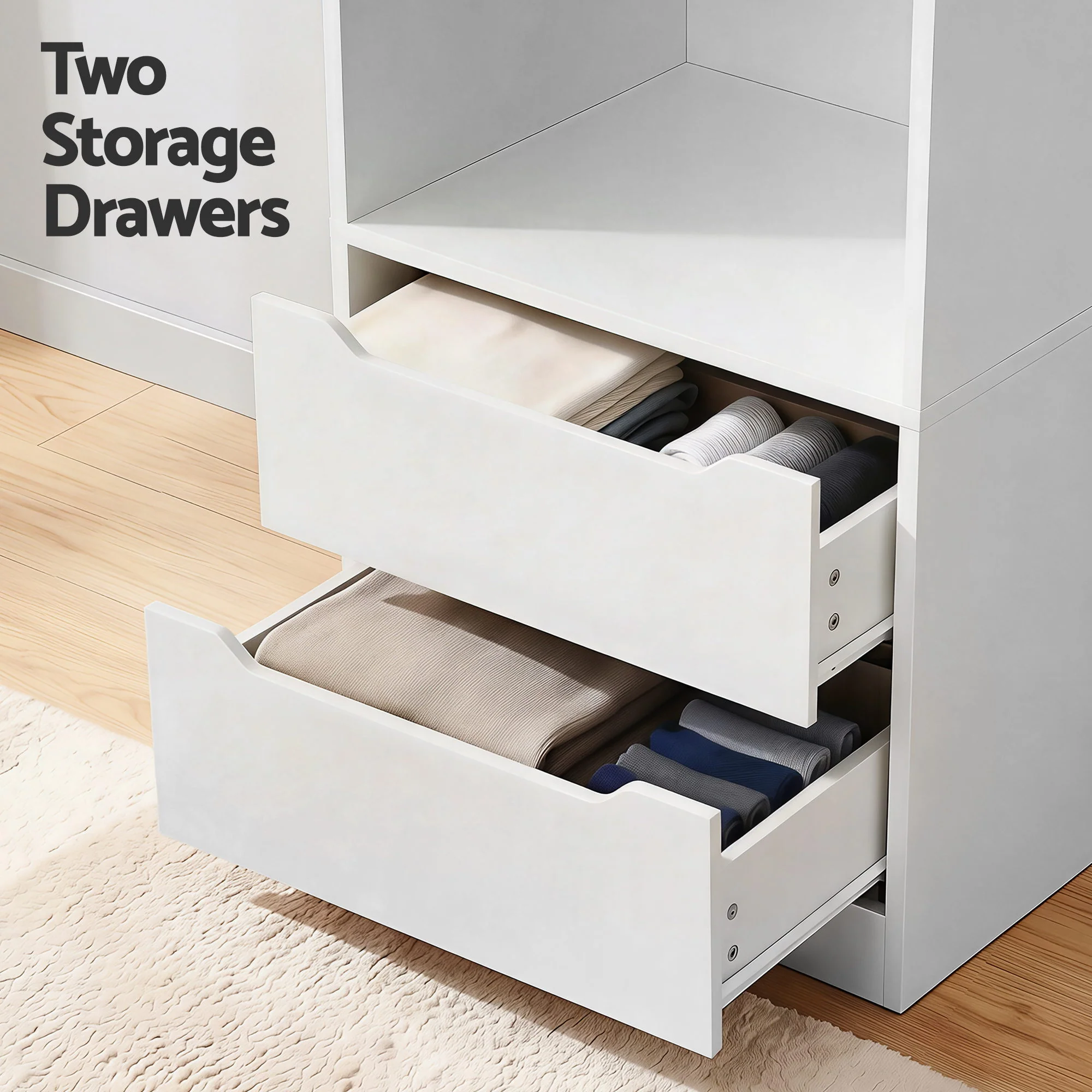 Artiss Wardrobe Cabinet with 2 Handle-Free Drawers, Tall Freestanding Closet Armoire with Detachable Metal Hanging Rod, Clothes Organizer Storage Cupboard with Anti-Tip Kit for Bedroom Dressing Room - Image 6