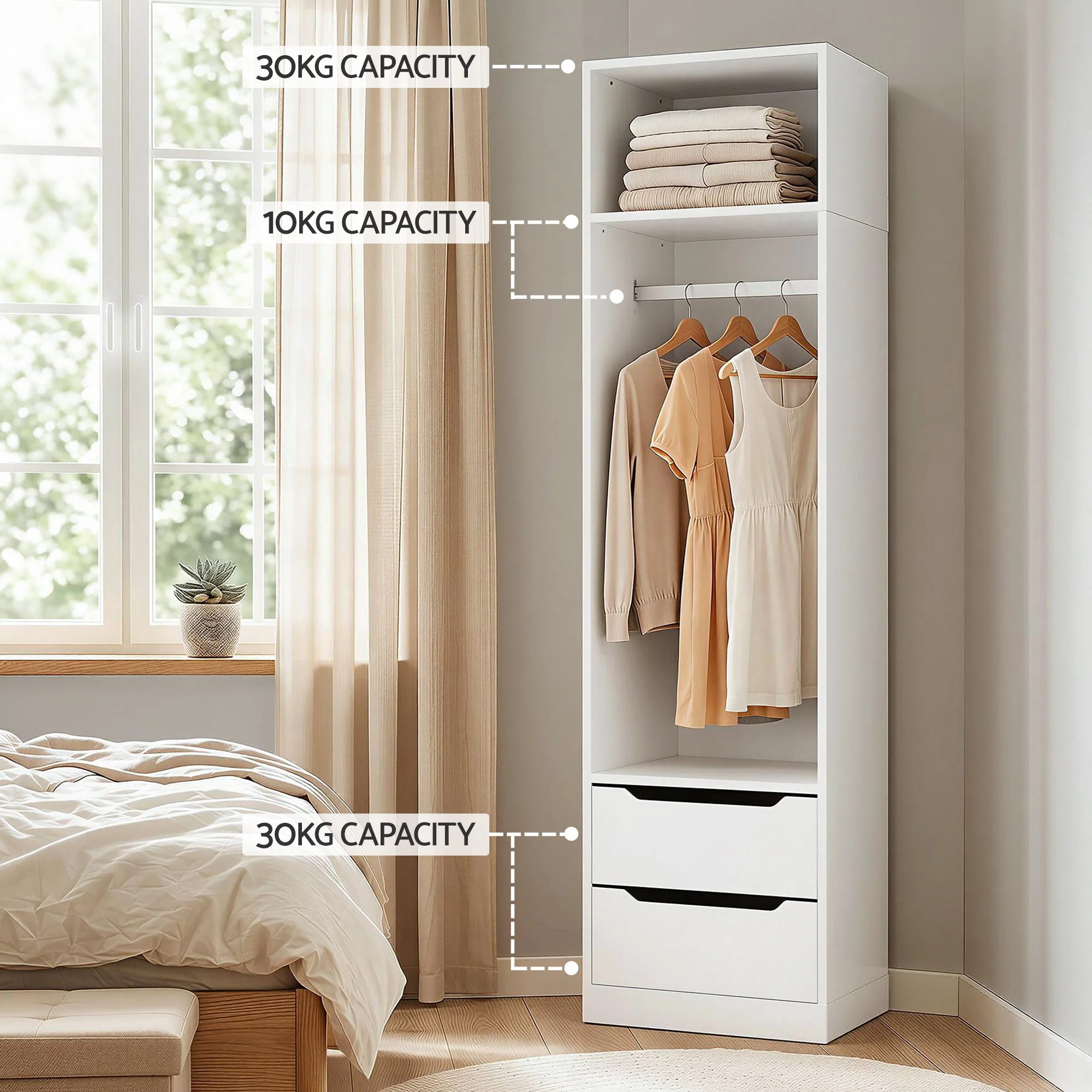 Artiss Wardrobe Cabinet with 2 Handle-Free Drawers, Tall Freestanding Closet Armoire with Detachable Metal Hanging Rod, Clothes Organizer Storage Cupboard with Anti-Tip Kit for Bedroom Dressing Room - Image 7