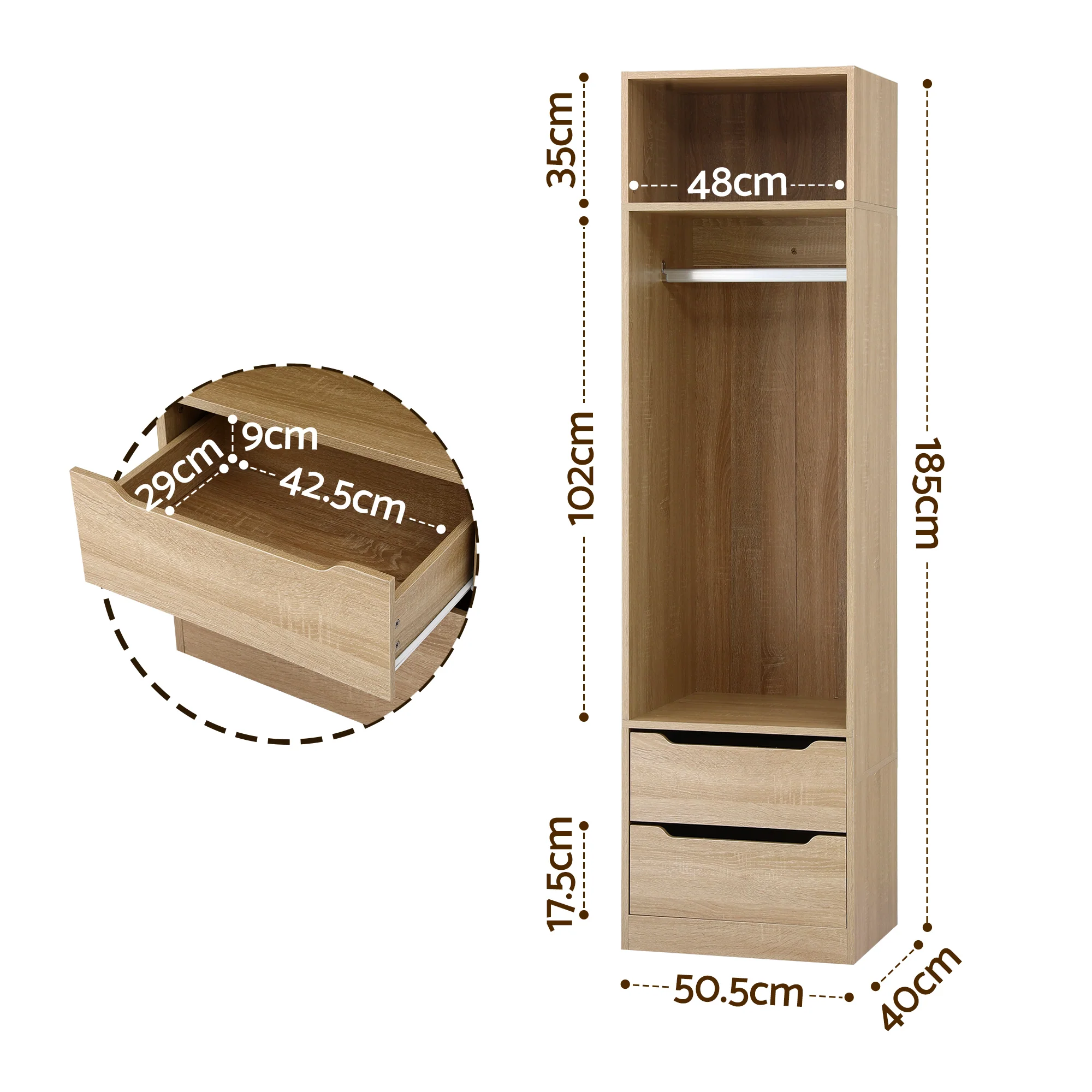 Artiss Wardrobe Clothes Closet Storage Organizer 2 Drawers 1 Detachable Hanging Rod Pine - Image 3