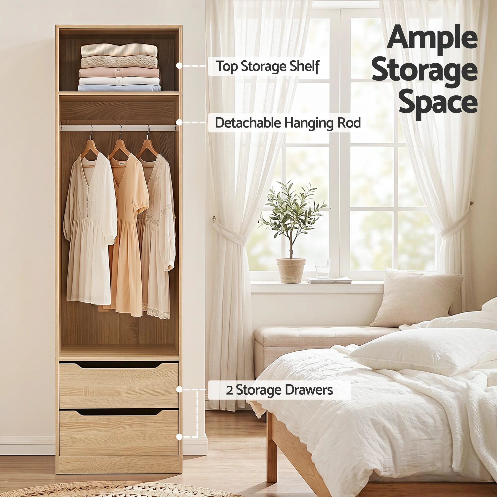 Artiss Wardrobe Clothes Closet Storage Organizer 2 Drawers 1 Detachable Hanging Rod Pine - Image 5