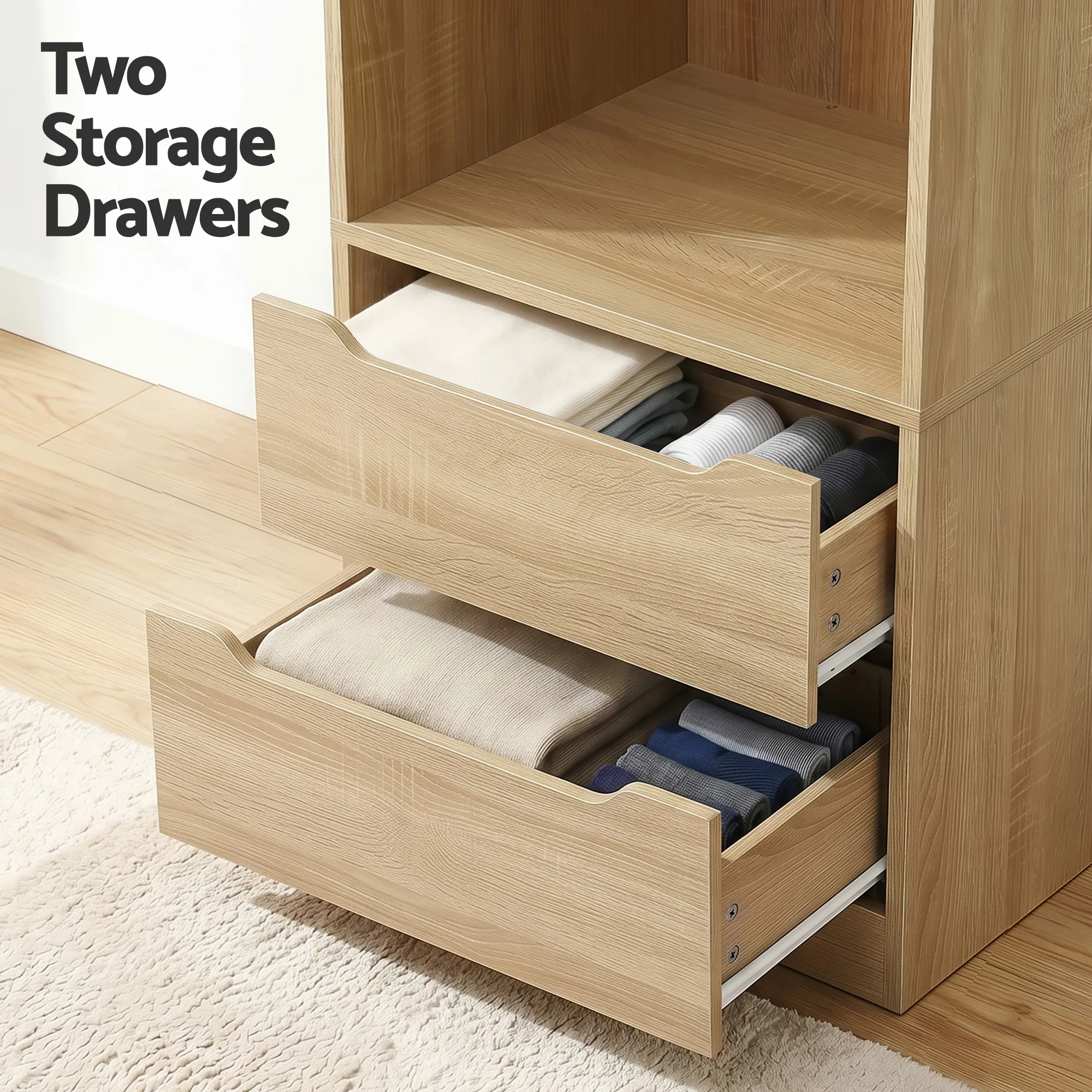 Artiss Wardrobe Clothes Closet Storage Organizer 2 Drawers 1 Detachable Hanging Rod Pine - Image 6