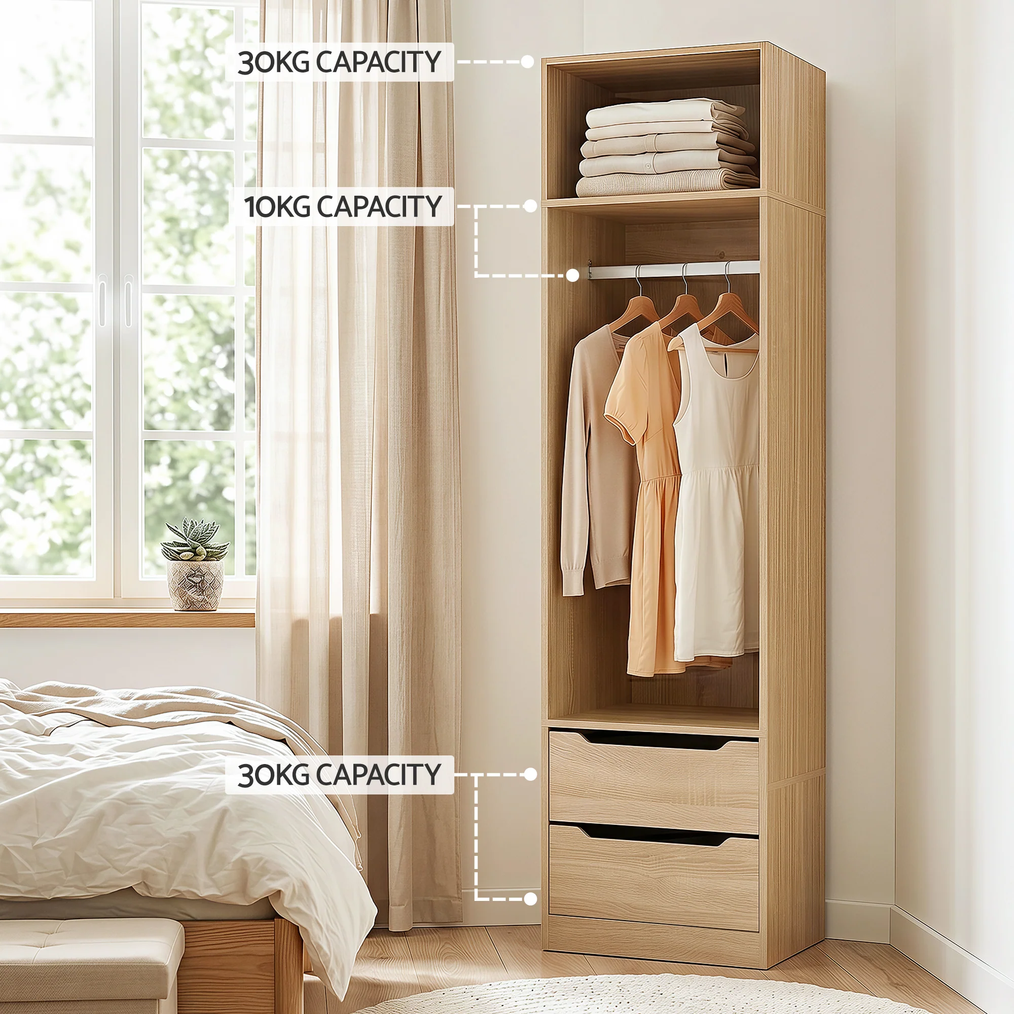 Artiss Wardrobe Clothes Closet Storage Organizer 2 Drawers 1 Detachable Hanging Rod Pine - Image 7