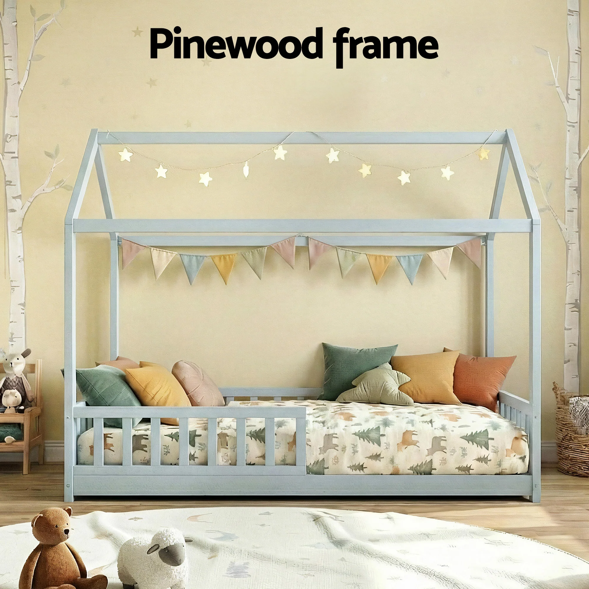 Artiss Bed Frame Wooden Kids House Frame Grey ROCK - Image 4