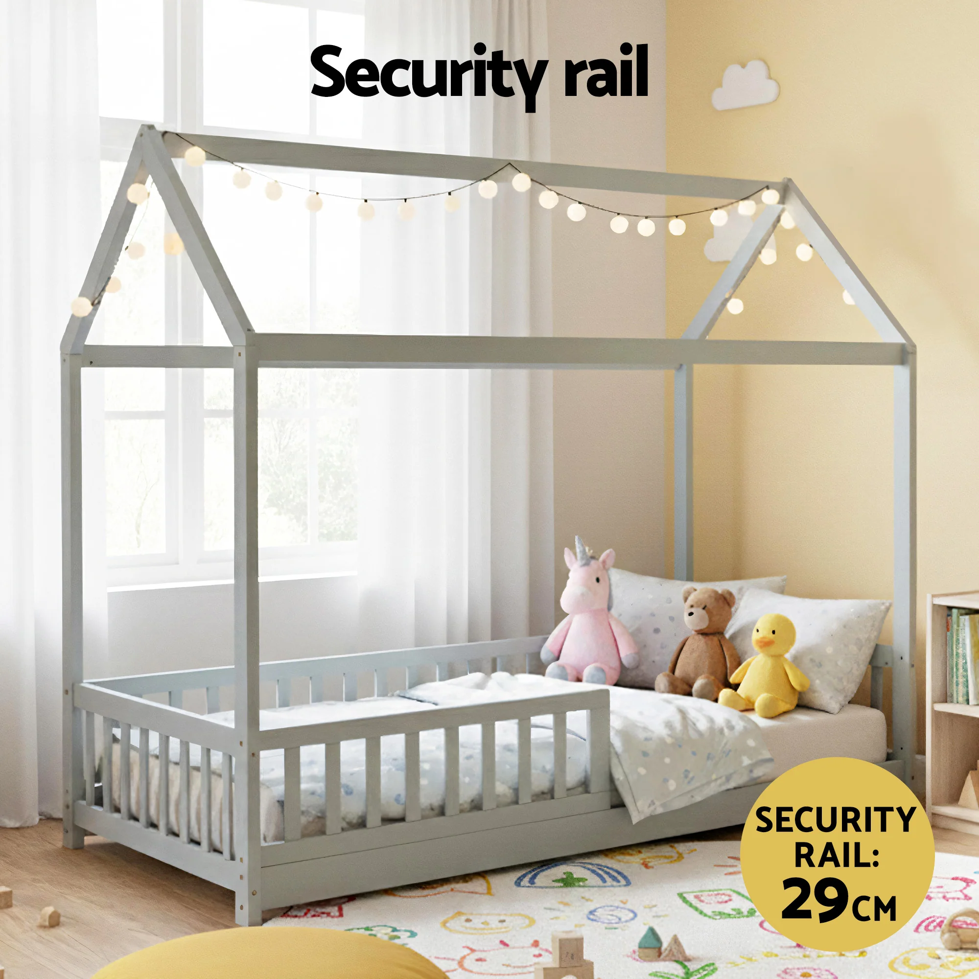 Artiss Bed Frame Wooden Kids House Frame Grey ROCK - Image 5