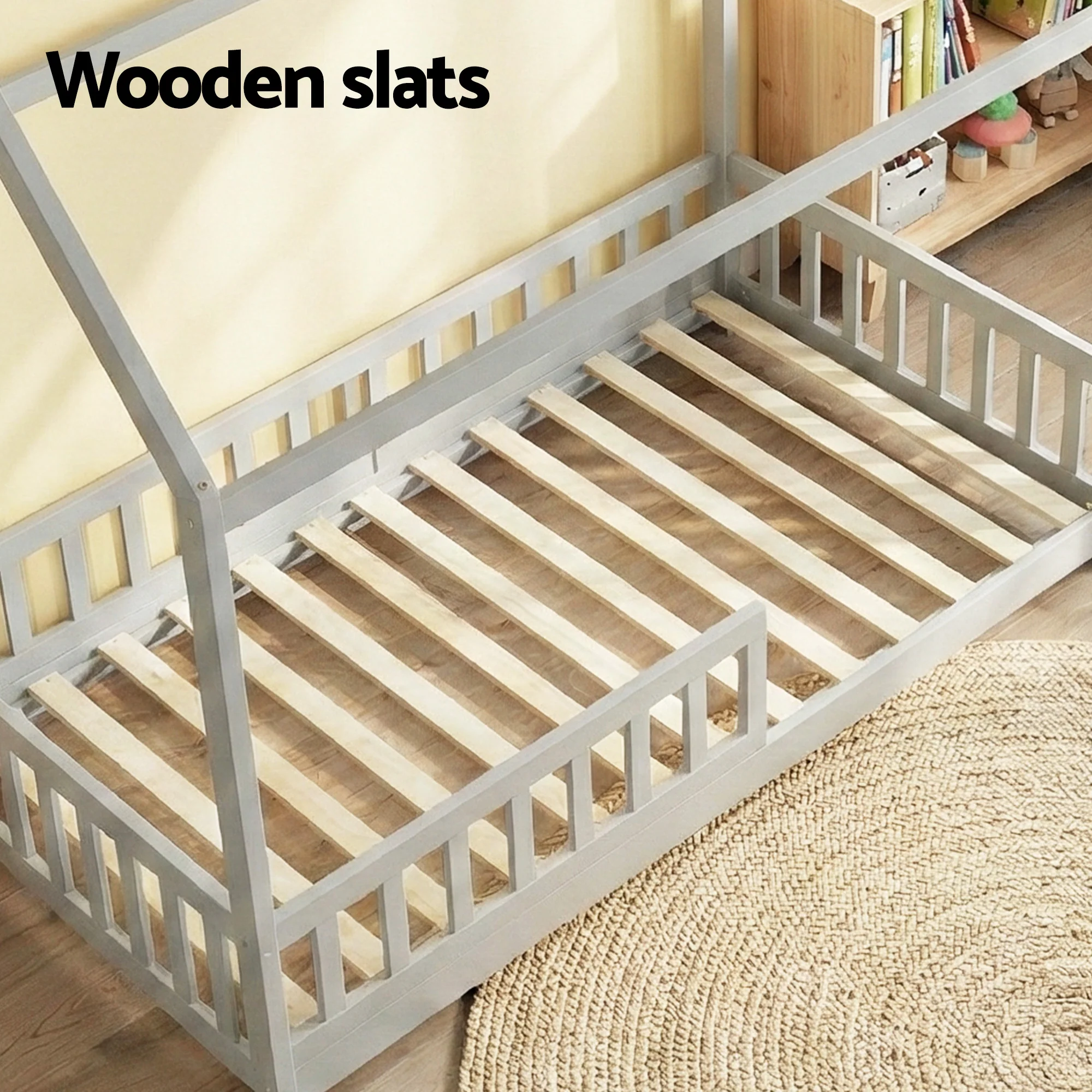Artiss Bed Frame Wooden Kids House Frame Grey ROCK - Image 6