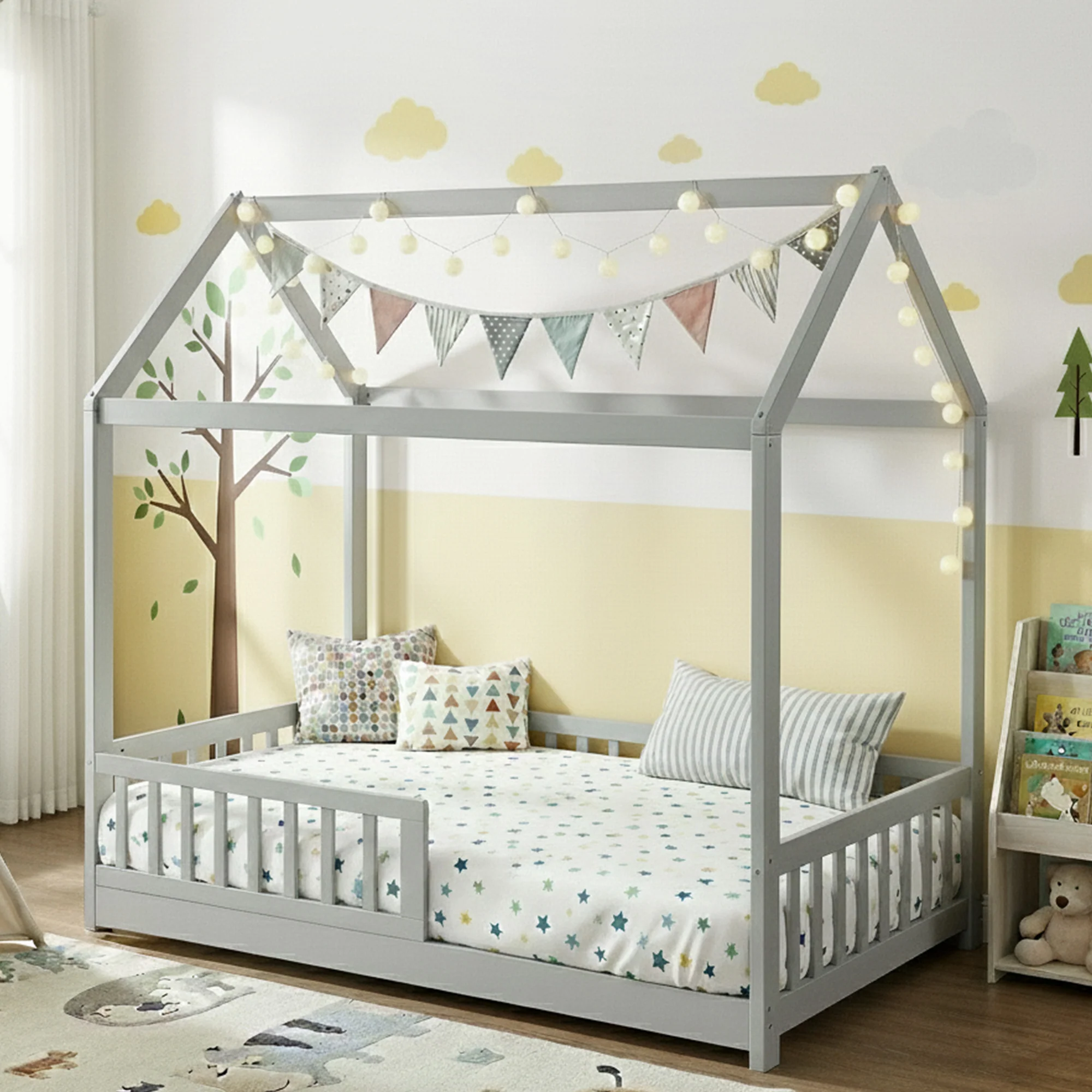Artiss Bed Frame Wooden Kids House Frame Grey ROCK - Image 7