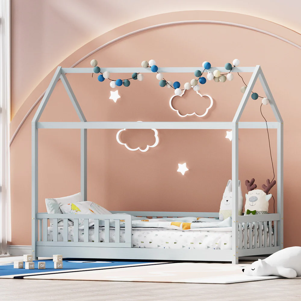 Artiss Bed Frame Wooden Kids House Frame Grey ROCK - Image 8