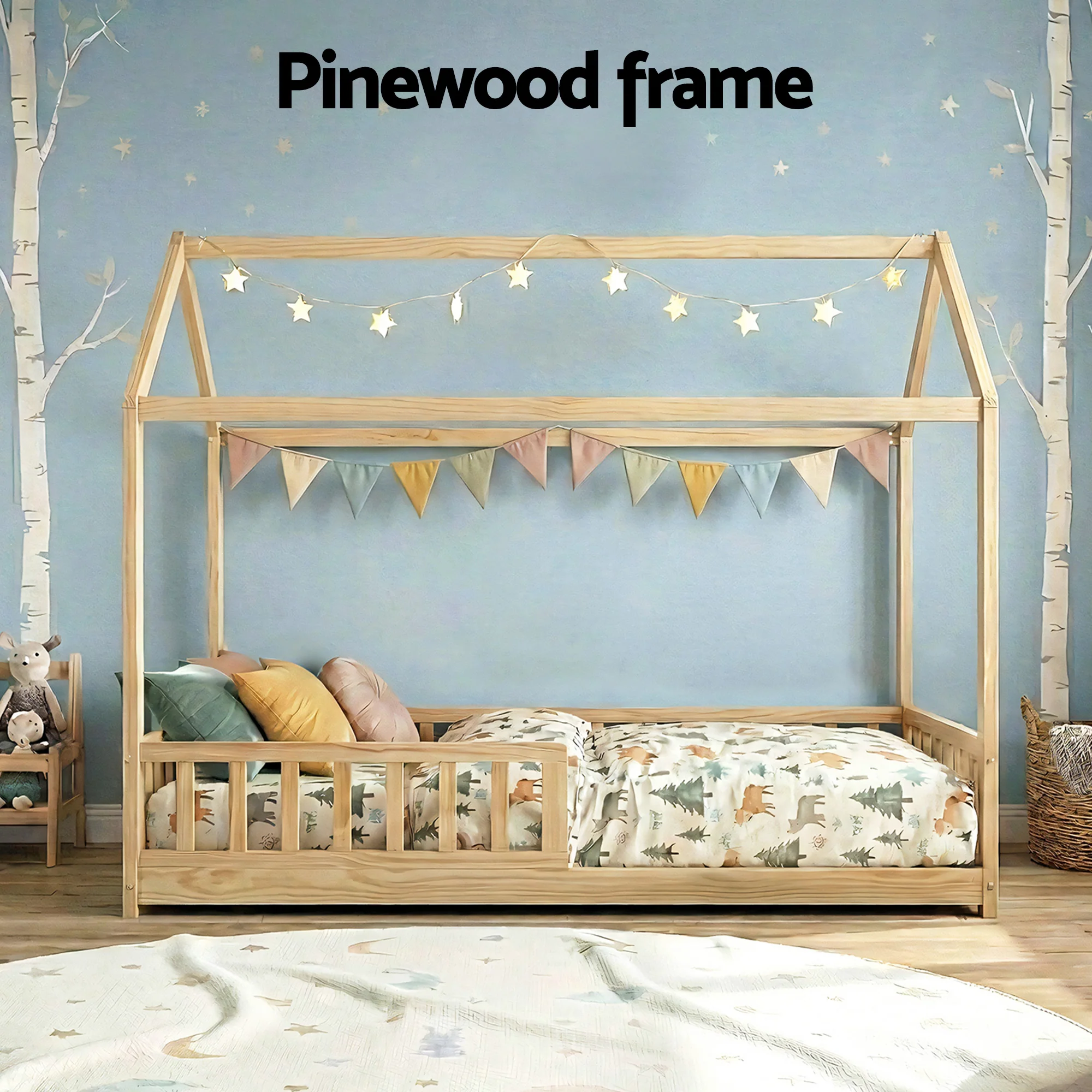 Artiss Bed Frame Wooden Kids House Frame Oak ROCK - Image 4