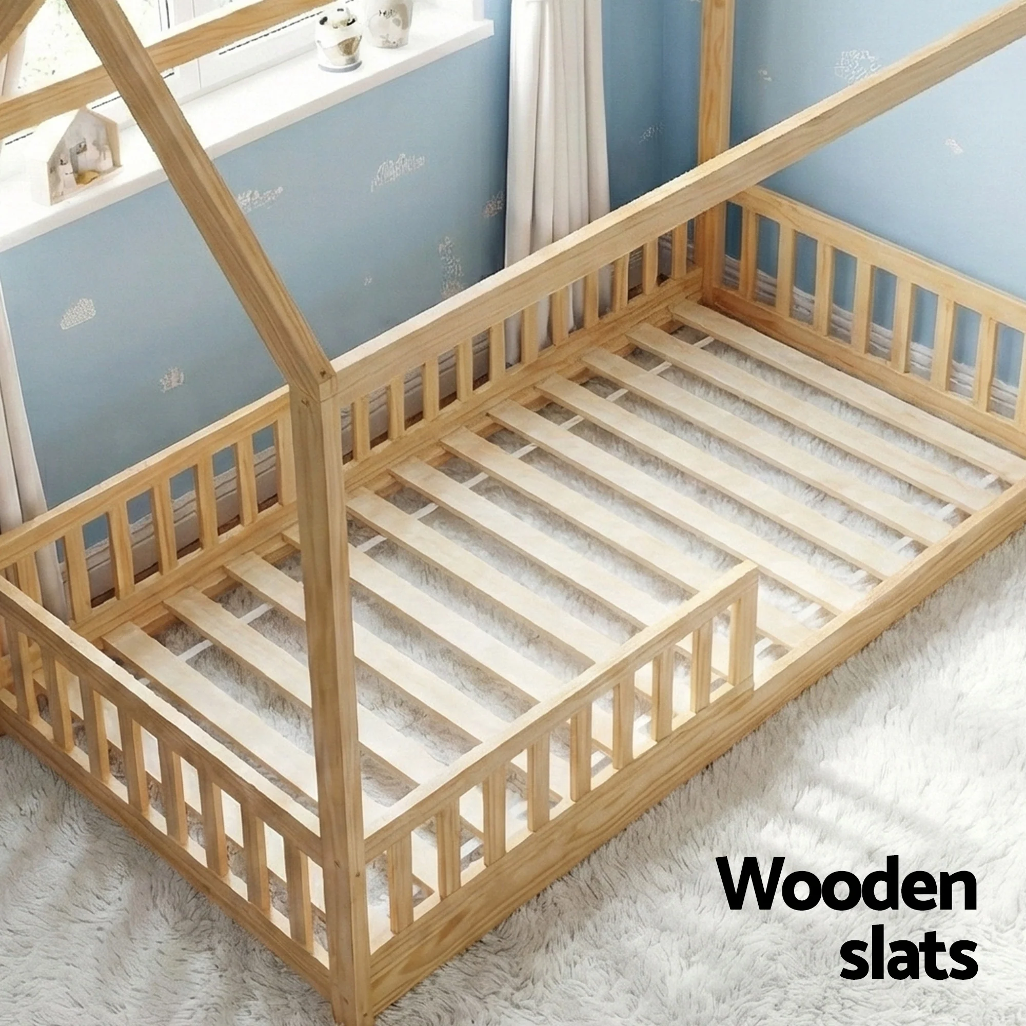 Artiss Bed Frame Wooden Kids House Frame Oak ROCK - Image 6