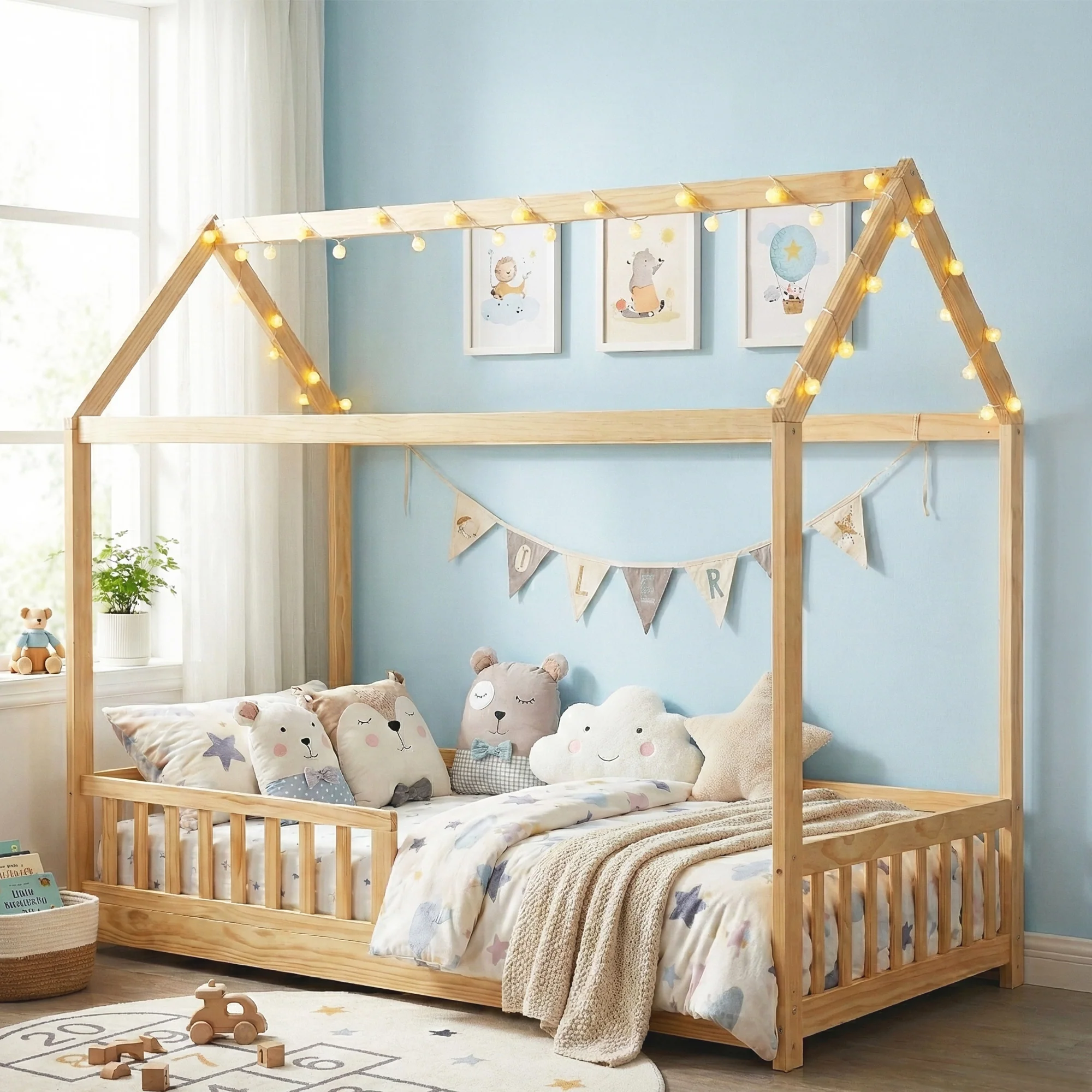 Artiss Bed Frame Wooden Kids House Frame Oak ROCK - Image 7