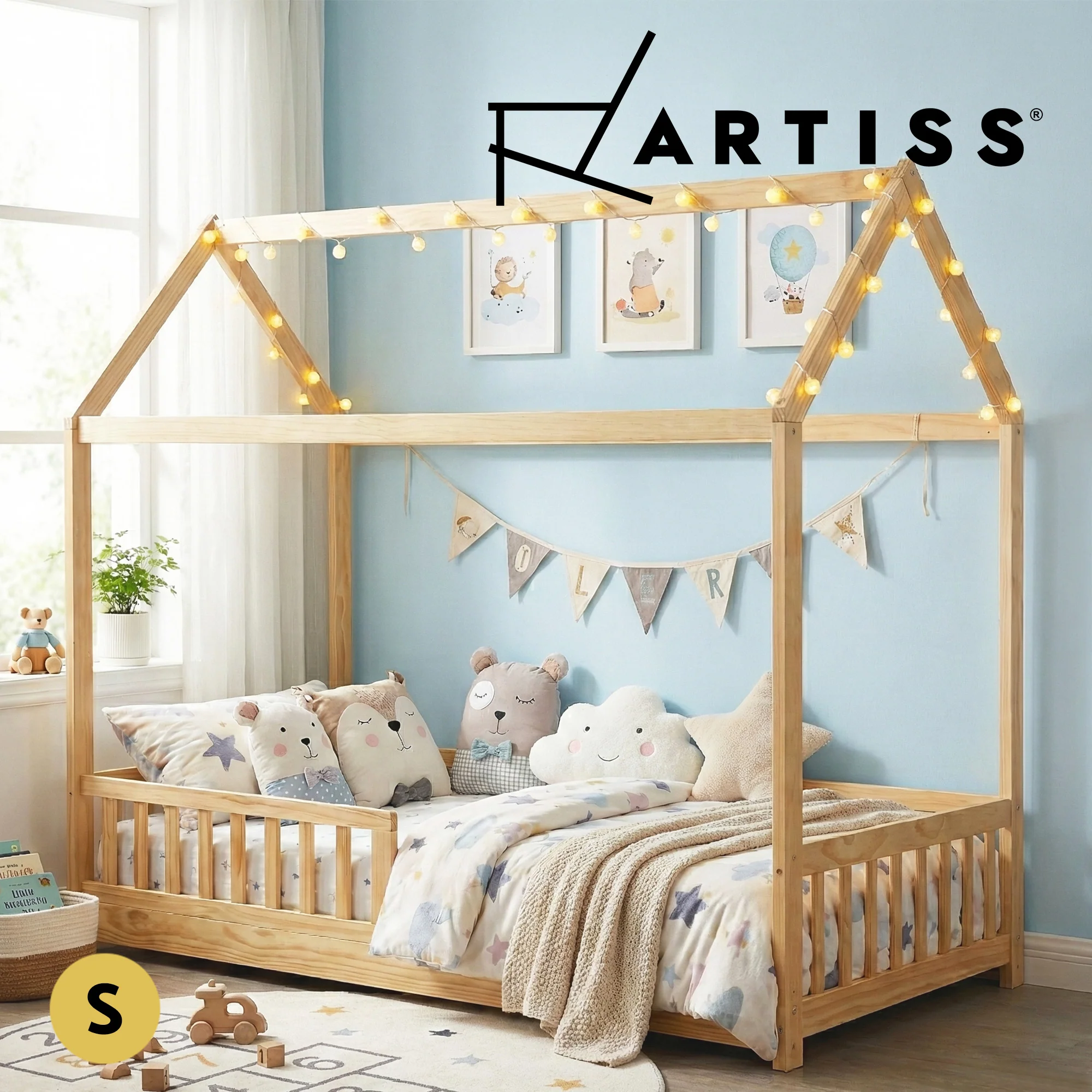 Artiss Bed Frame Wooden Kids House Frame Oak ROCK - Image 8