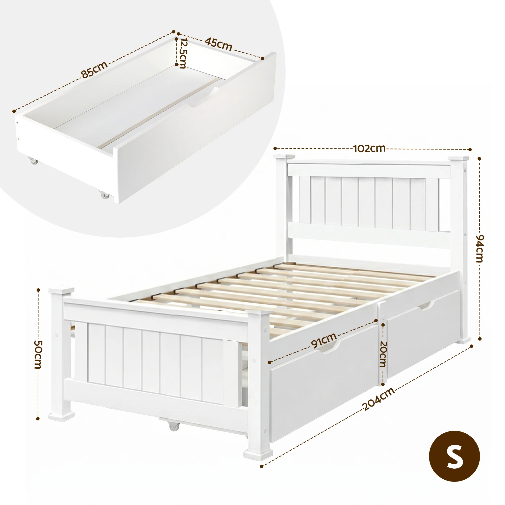 Artiss Bed Frame Single Size Wooden with 2 Drawers White RIO - Image 3