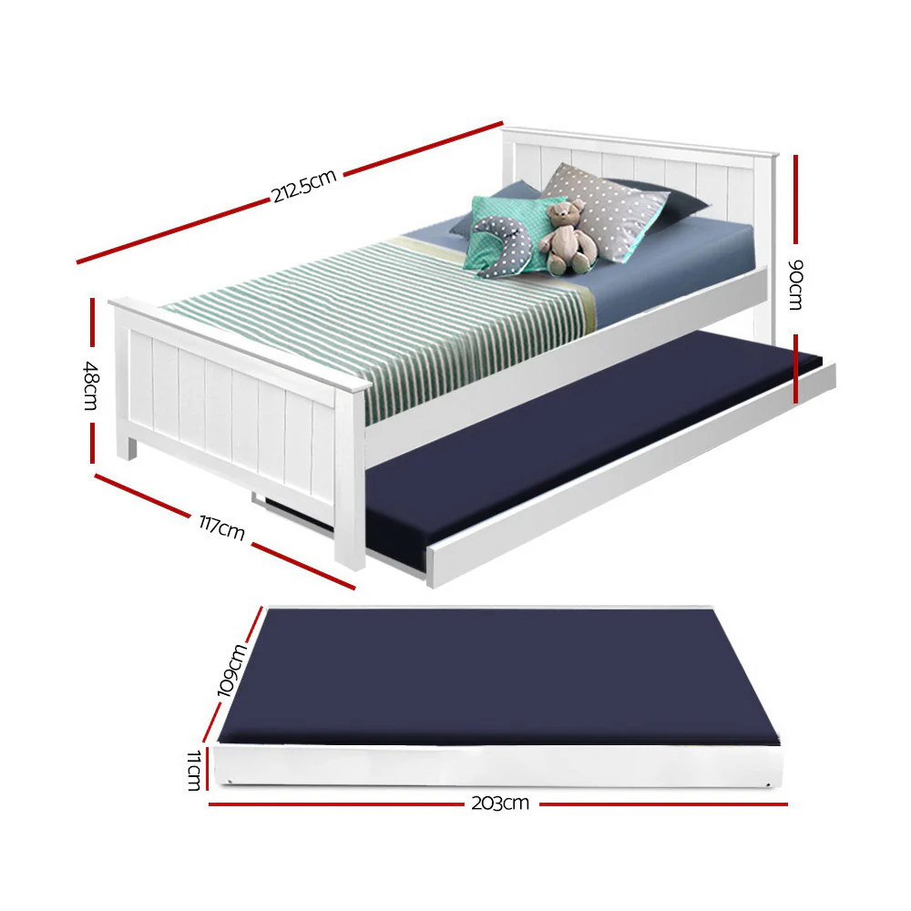 Artiss Bed Frame King Single Size Wooden Trundle Daybed White ELVIS - Image 3