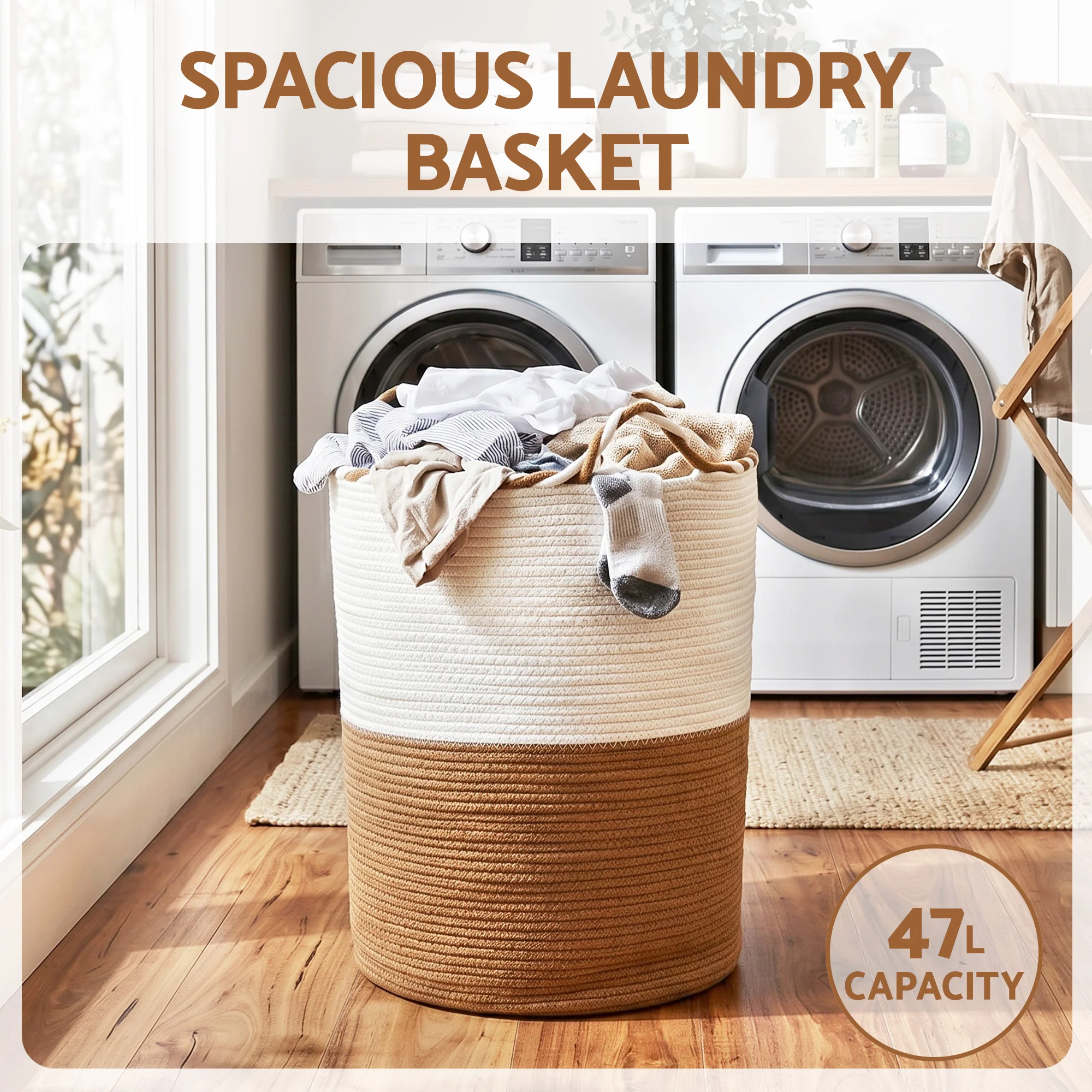 Artiss Woven Laundry Basket with handles Foldable White & Brown - Image 5