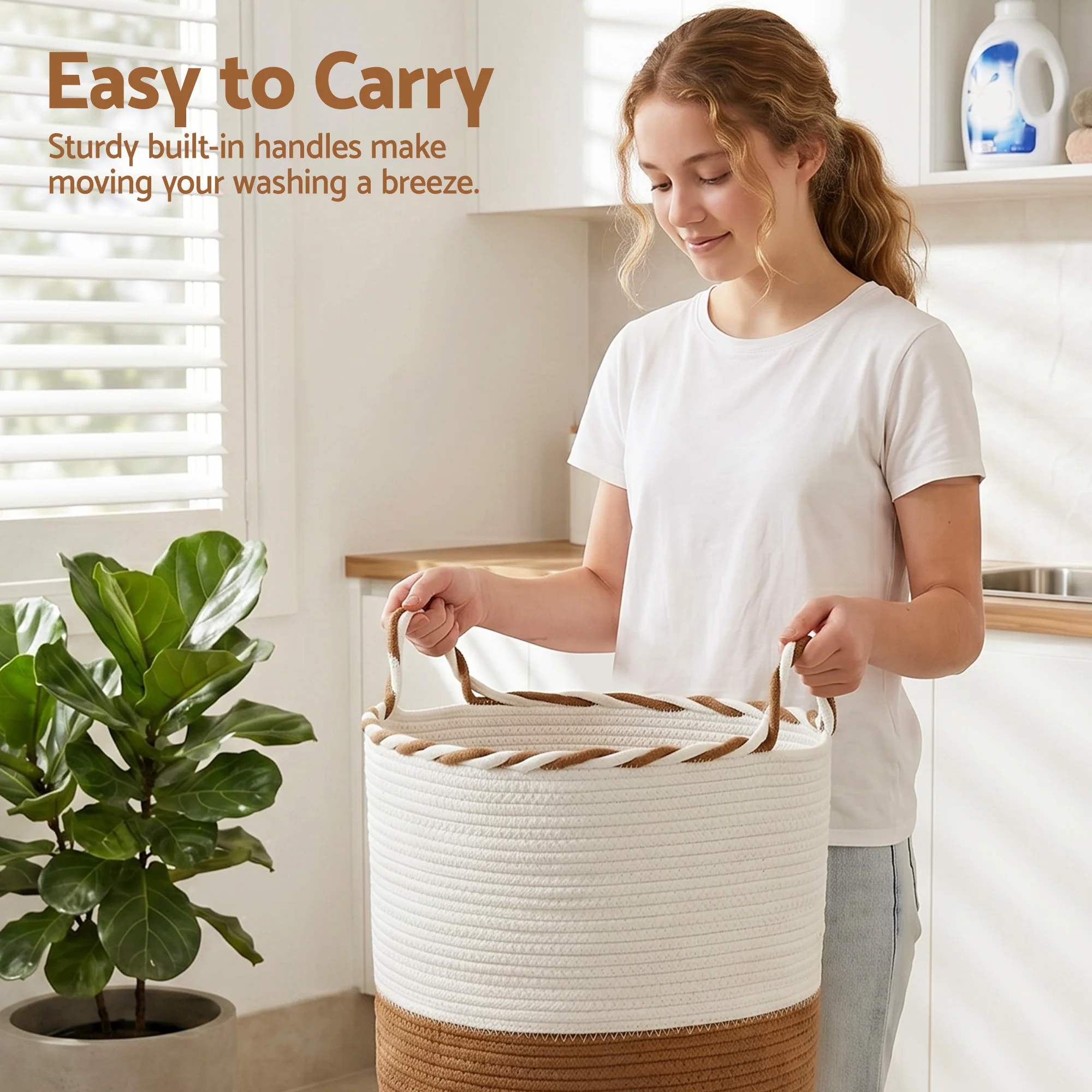 Artiss Woven Laundry Basket with handles Foldable White & Brown - Image 6