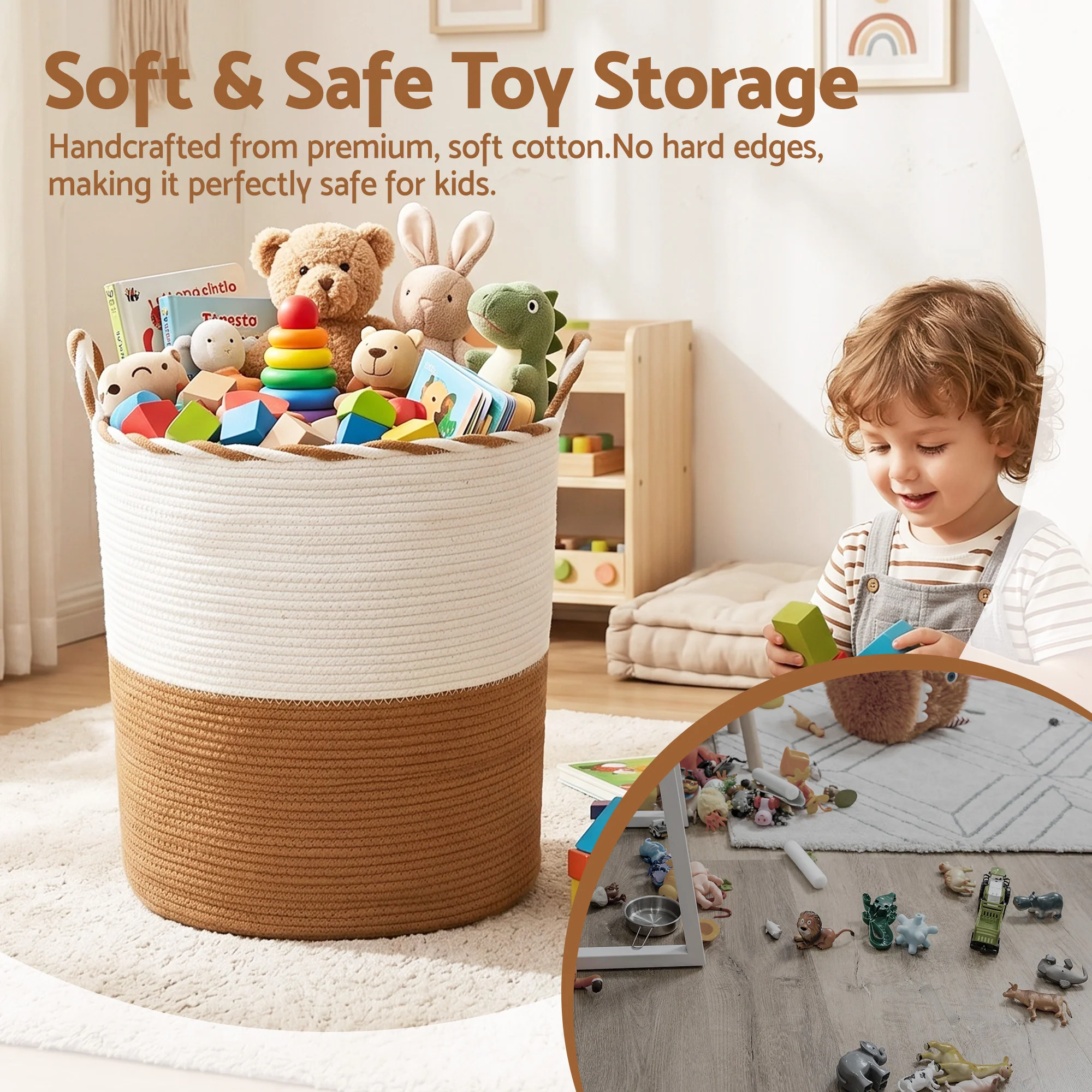 Artiss Woven Laundry Basket with handles Foldable White & Brown - Image 7