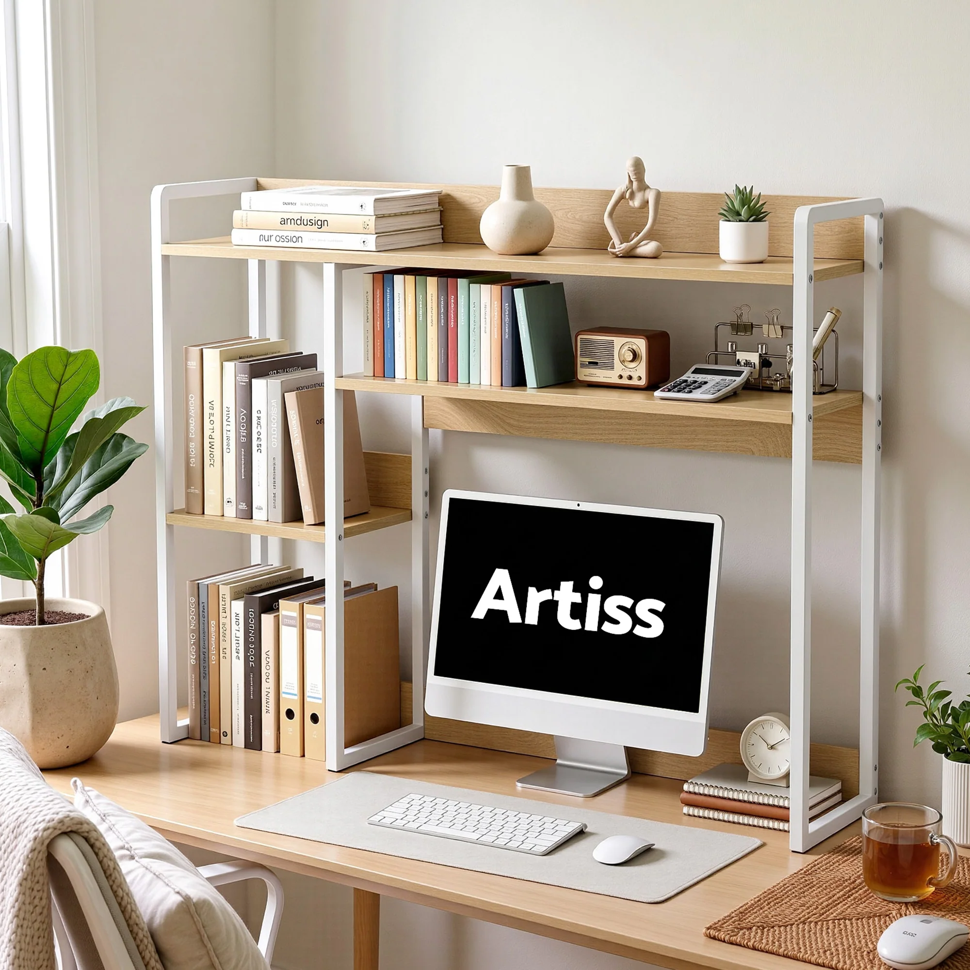 Artist 2-Tier Desk Bookshelf Organizer 24cm Depth for Unblocked Monitor View Asymmetrical Desk Hutch Dorm for WFH & Gaming Heavy-Duty