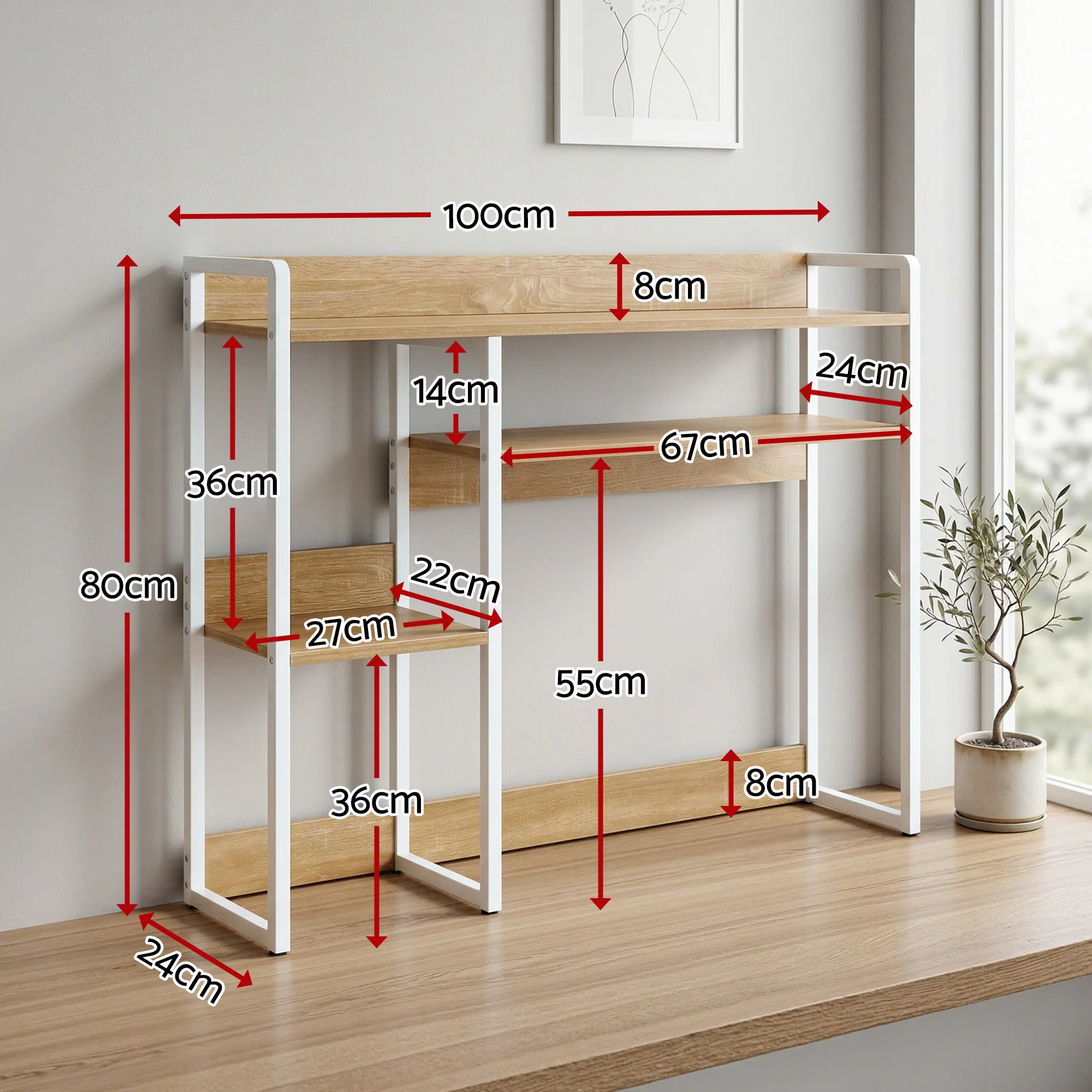 Artist 2-Tier Desk Bookshelf Organizer 24cm Depth for Unblocked Monitor View Asymmetrical Desk Hutch Dorm for WFH & Gaming Heavy-Duty - Image 4